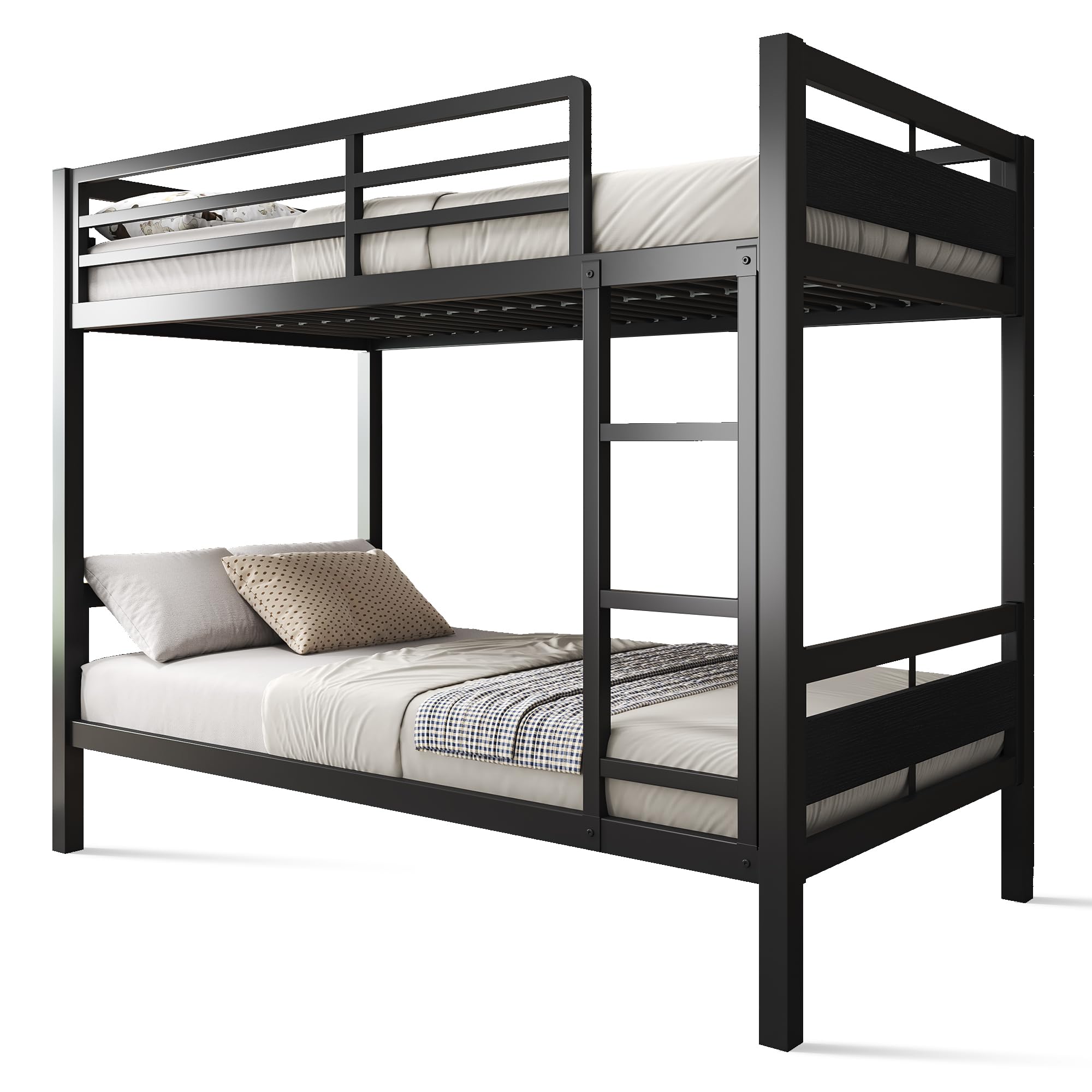 Metal Twin Over Twin Bunk Bed with Ladder and Guardrail