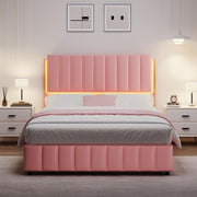 Pink Queen LED Bed Frame with Upholstered Headboard