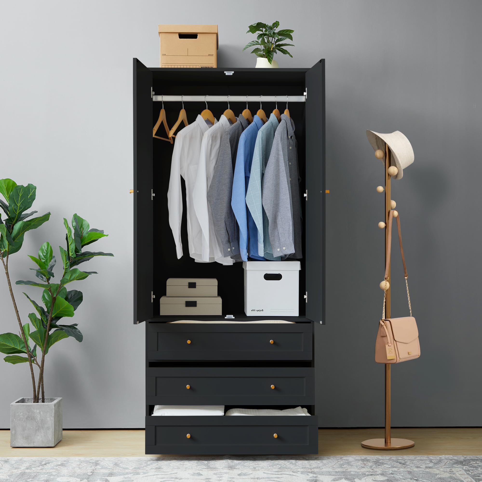 2-Door Wardrobe Armoire with 3 Drawers and Hanging Rod