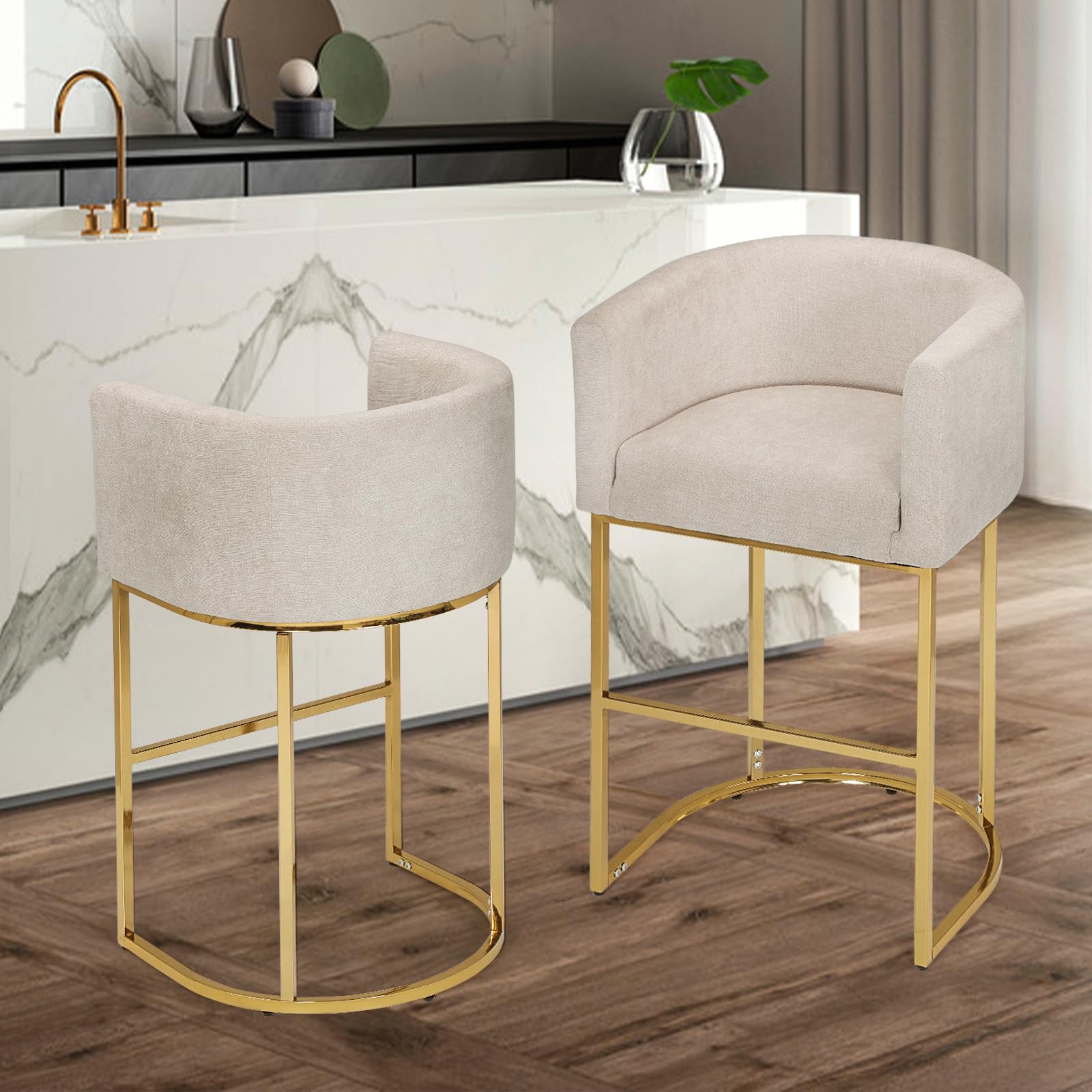 Upholstered Bar Stool Set of 2 with Gold Metal Stand