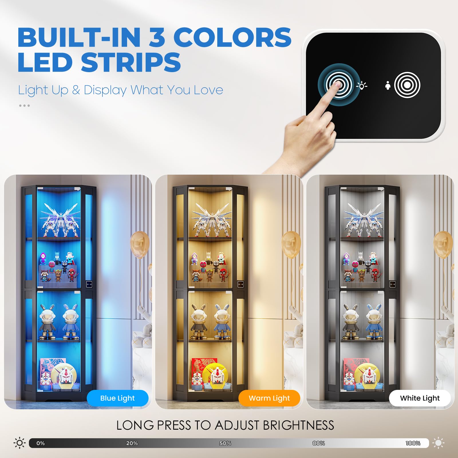 Corner Glass Display Cabinet with LED Lights