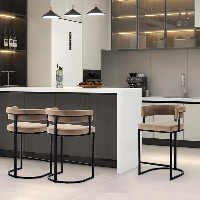 Black Velvet Bar Stools Set of 3 with Gold Footrest