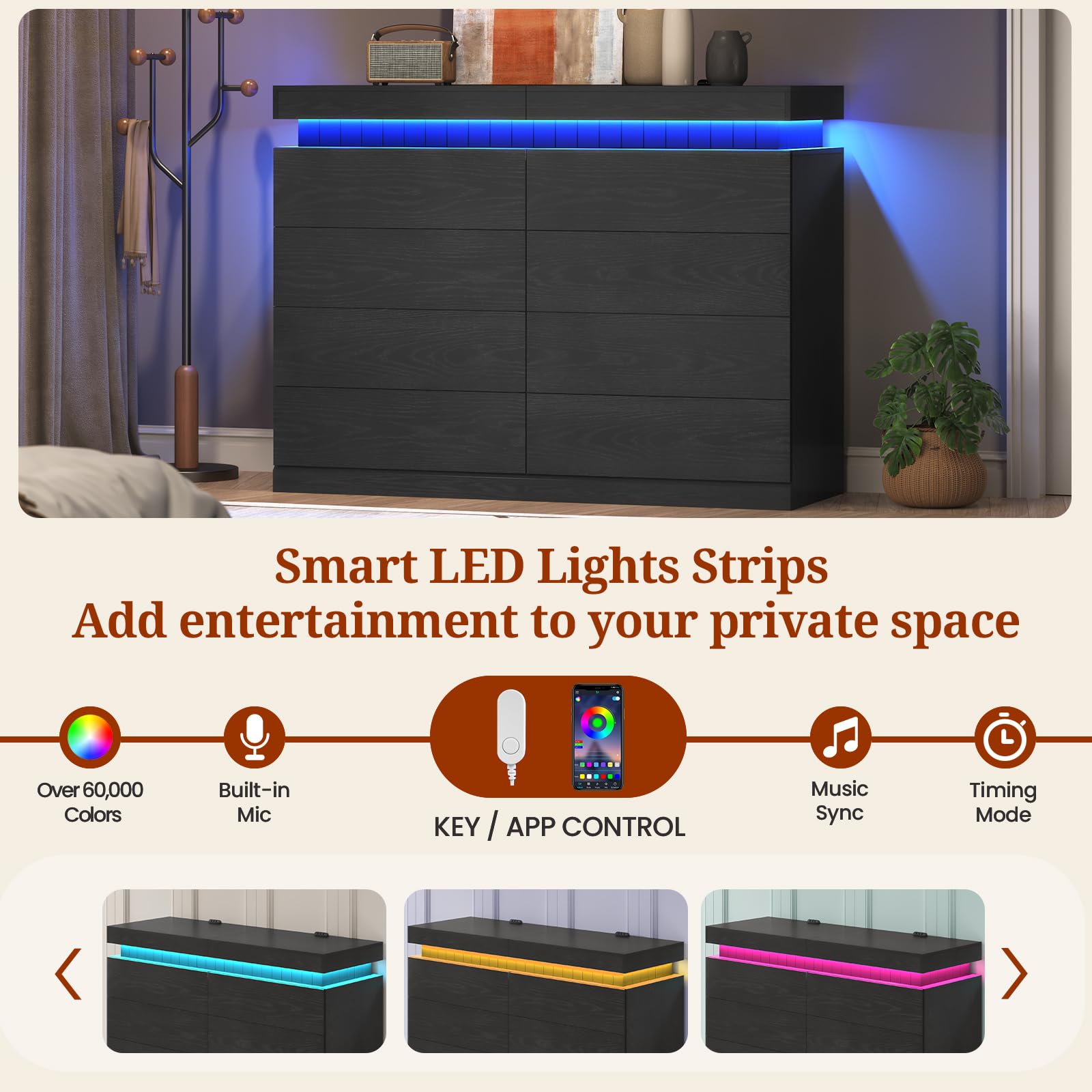 Tall Black 8-Drawer Dresser with LED Light and Power Outlet