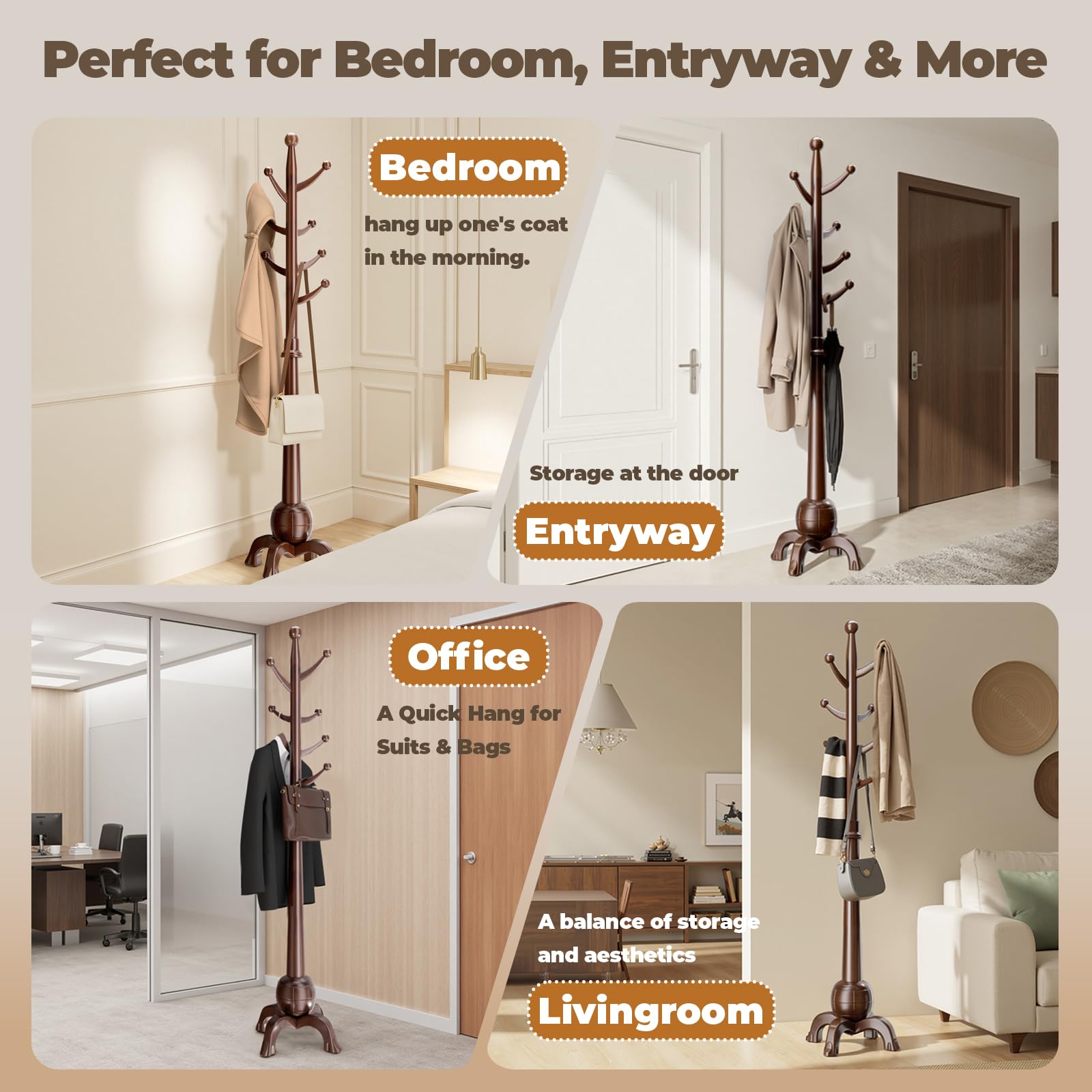 Freestanding Wooden Hall Tree with 8 Hooks