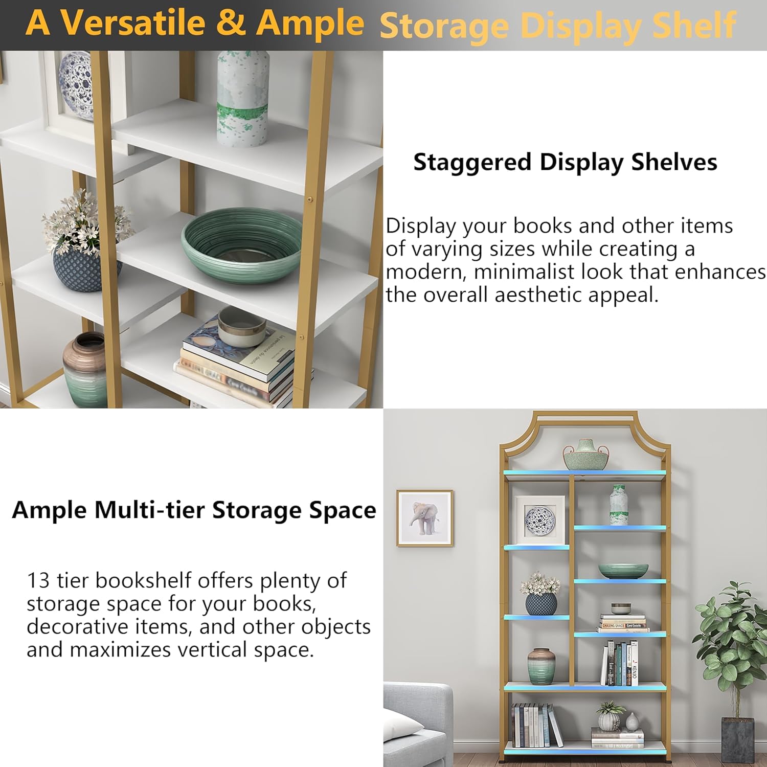 8-Tier Open Shelf Bookcase with Gold Metal Frame