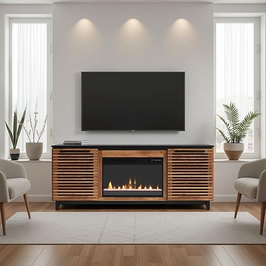 86" Electric Fireplace TV Stand with Solid Wood Construction