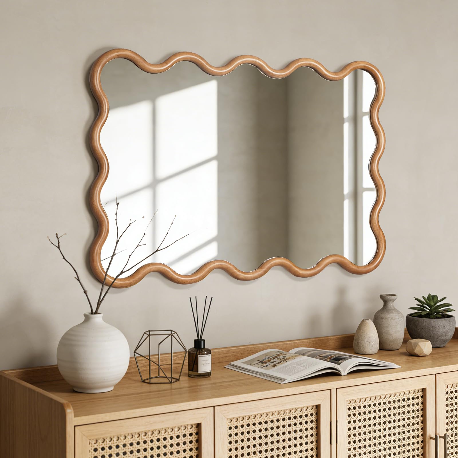 Wavy Wood Mirror 40x28 Inch Natural Finish