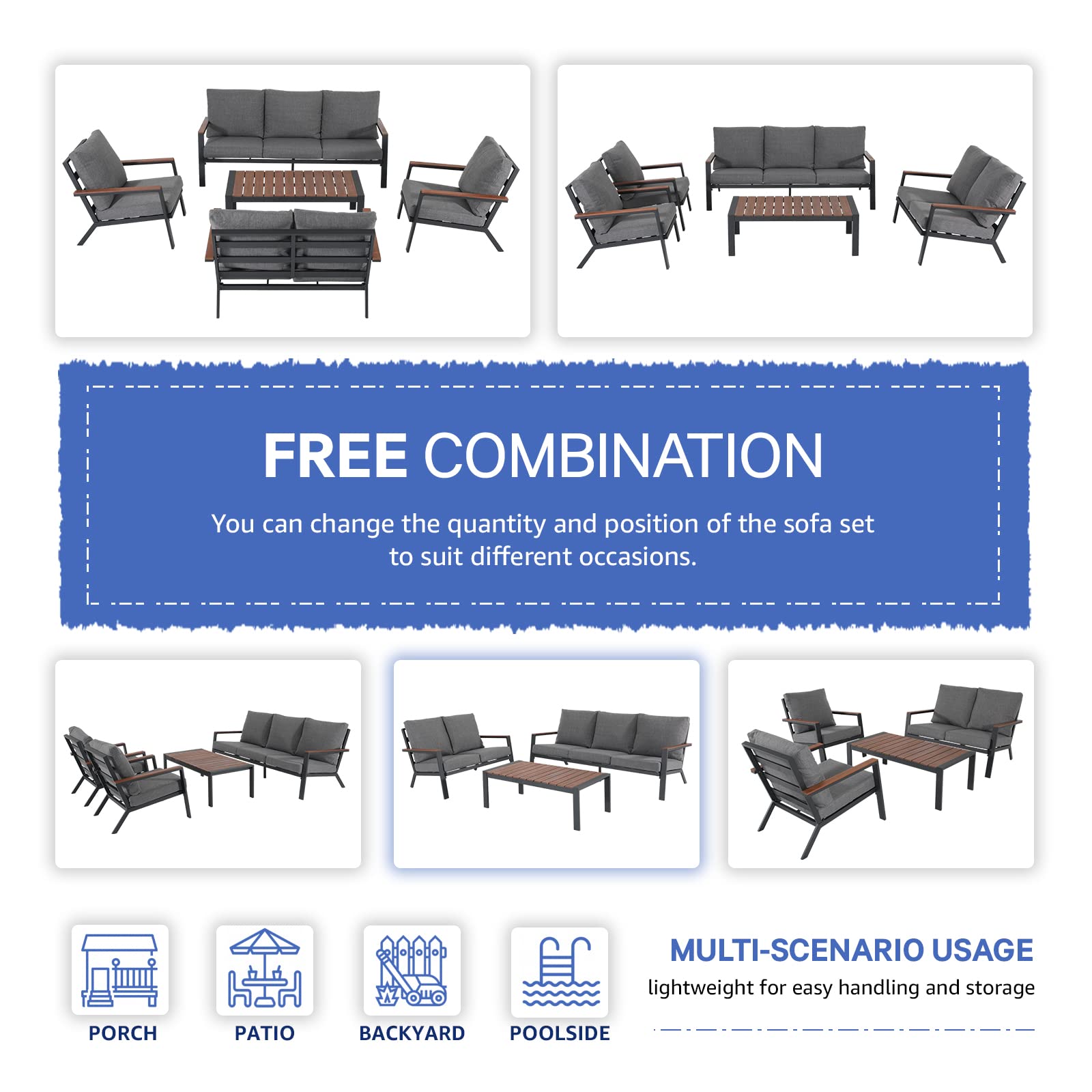 Aluminum Patio Loveseat with Eucalyptus Wood Armrests