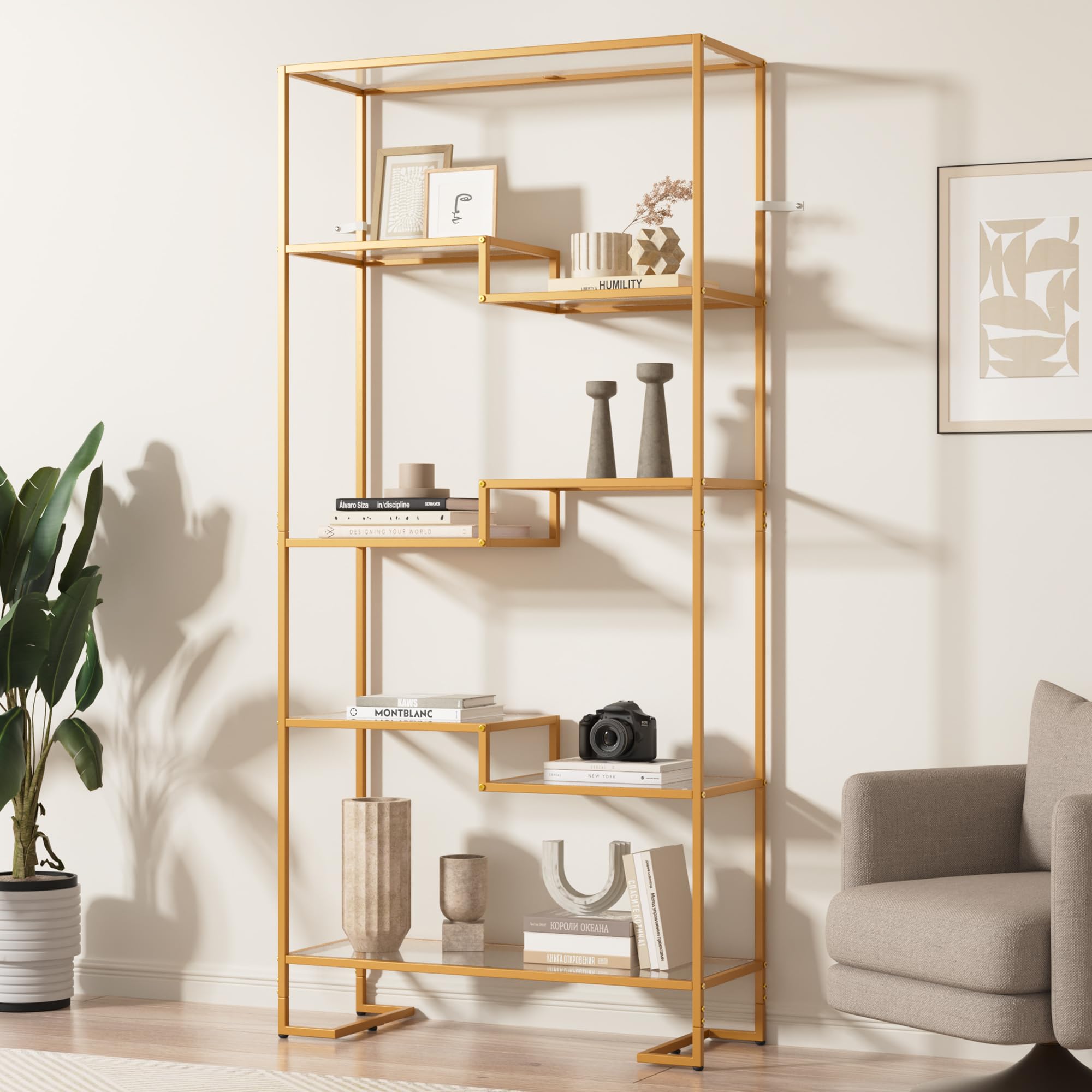 5-Tier Tempered Glass Bookshelf Golden Modern Display Shelf
