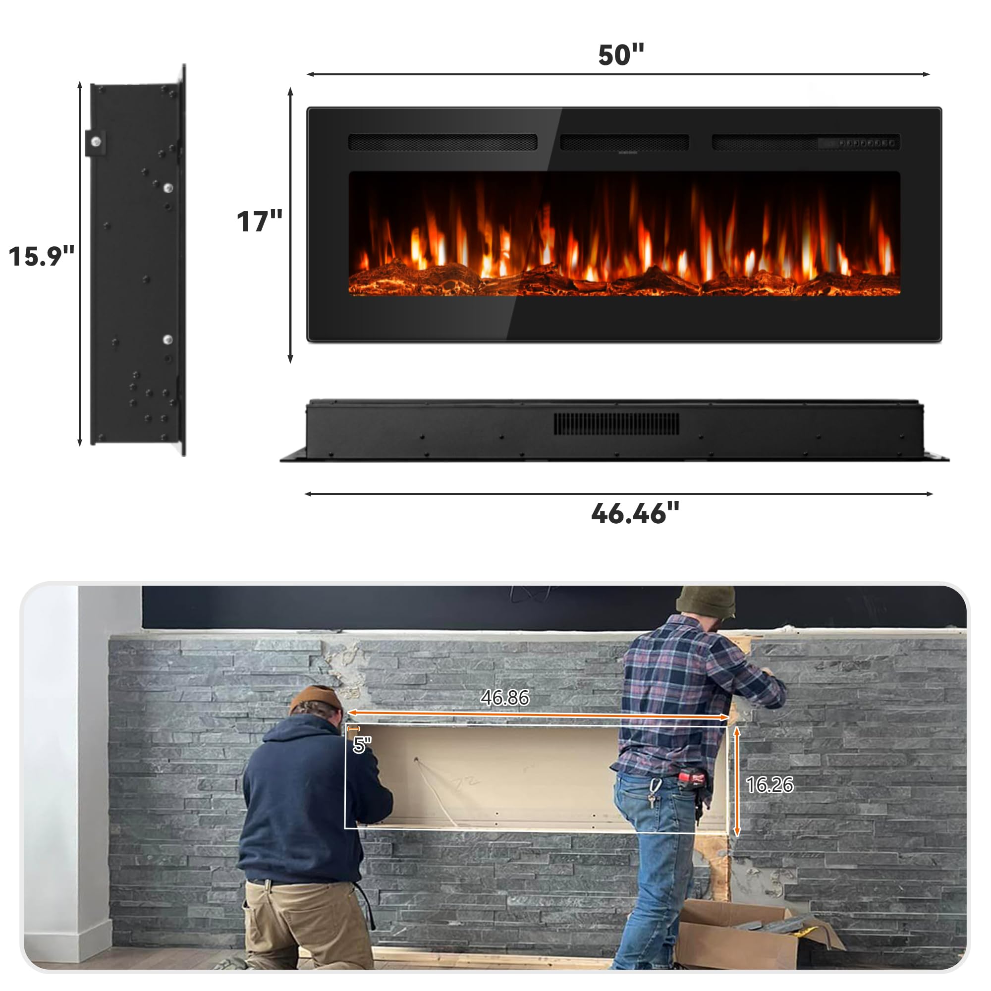 60 Inch Electric Fireplace Recessed Wall Mount