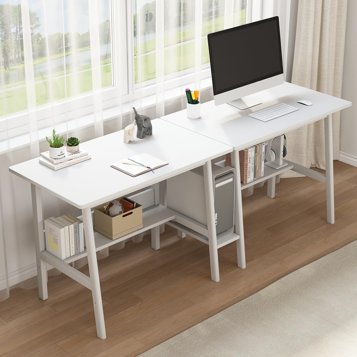 2-Person Writing Desk with Bookshelf - 110" Extra Long Double Workstation
