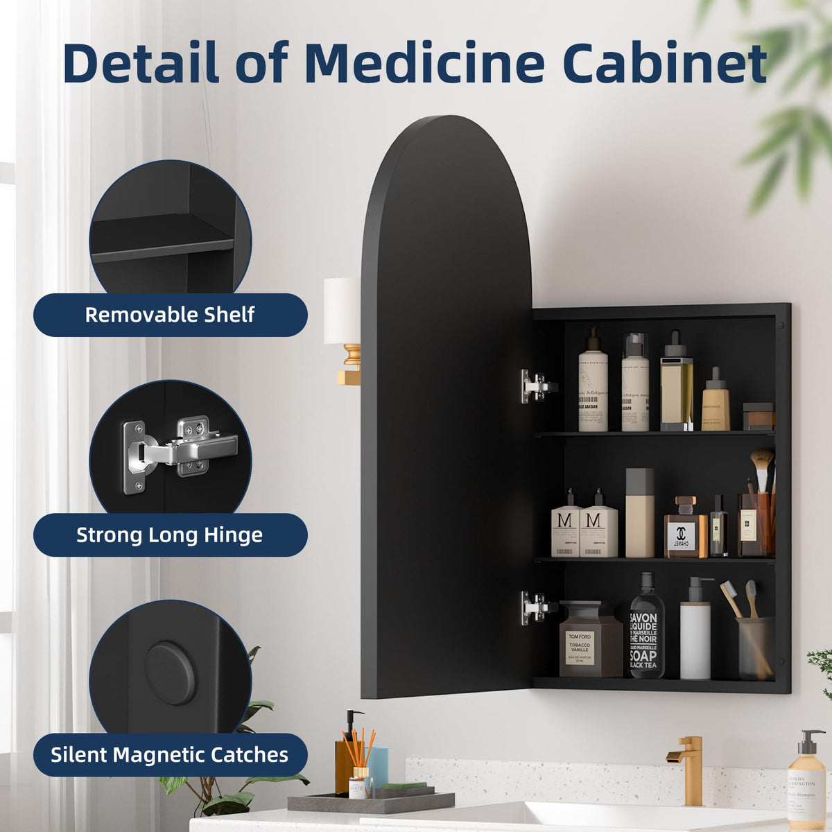 Black Arched Medicine Cabinet with Adjustable Shelves