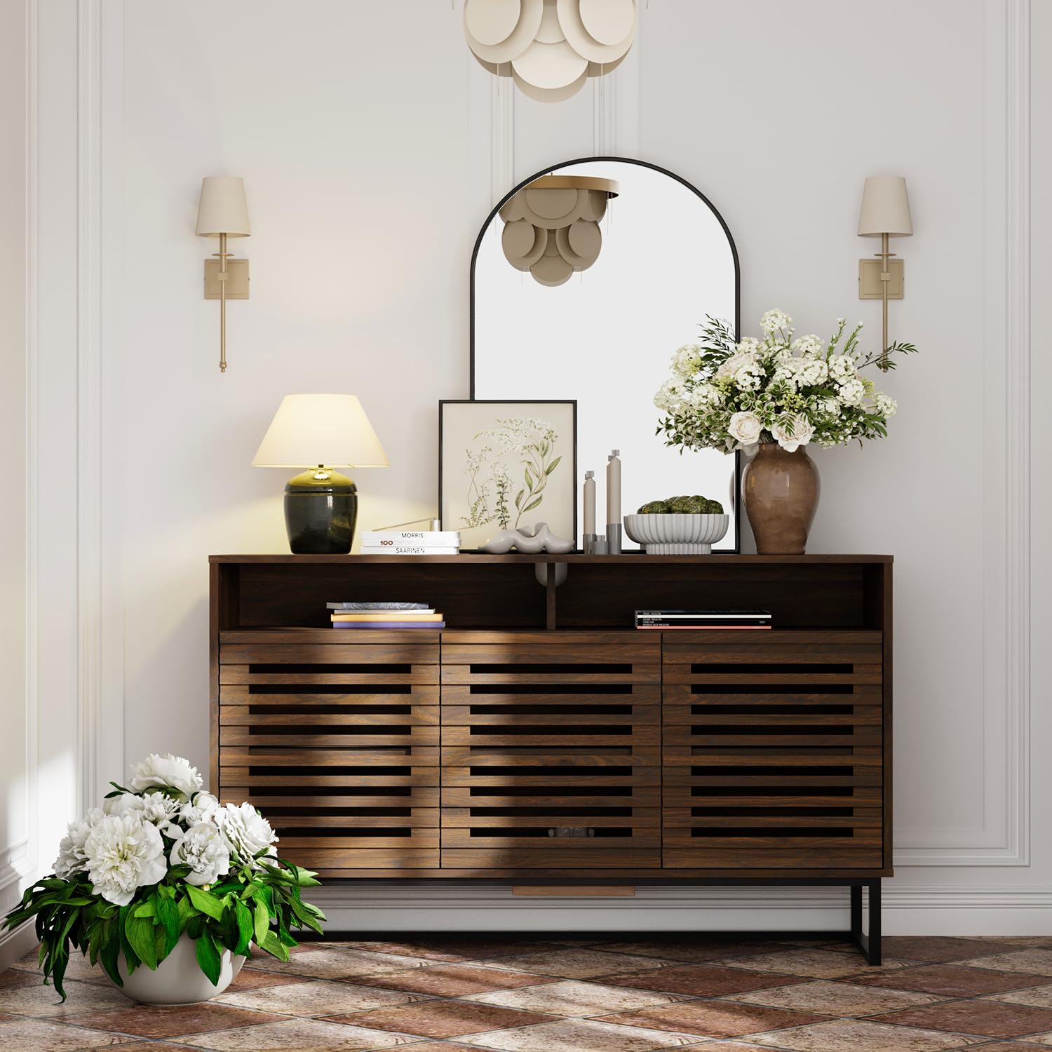 Rustic Brown Buffet Sideboard with Louvered Doors