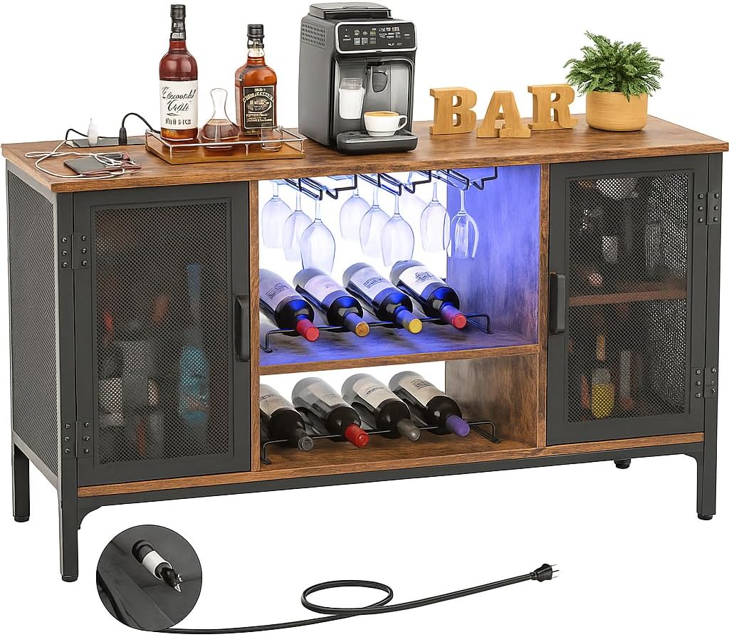 Industrial Bar Cabinet with LED Lights and Wine Rack