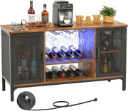 Industrial Bar Cabinet with LED Lights and Wine Rack
