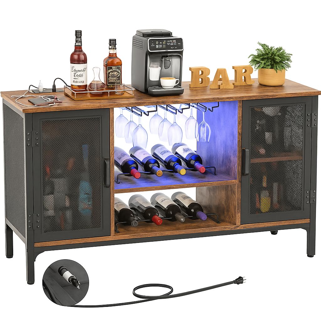 Industrial Bar Cabinet with LED Lights and Wine Rack