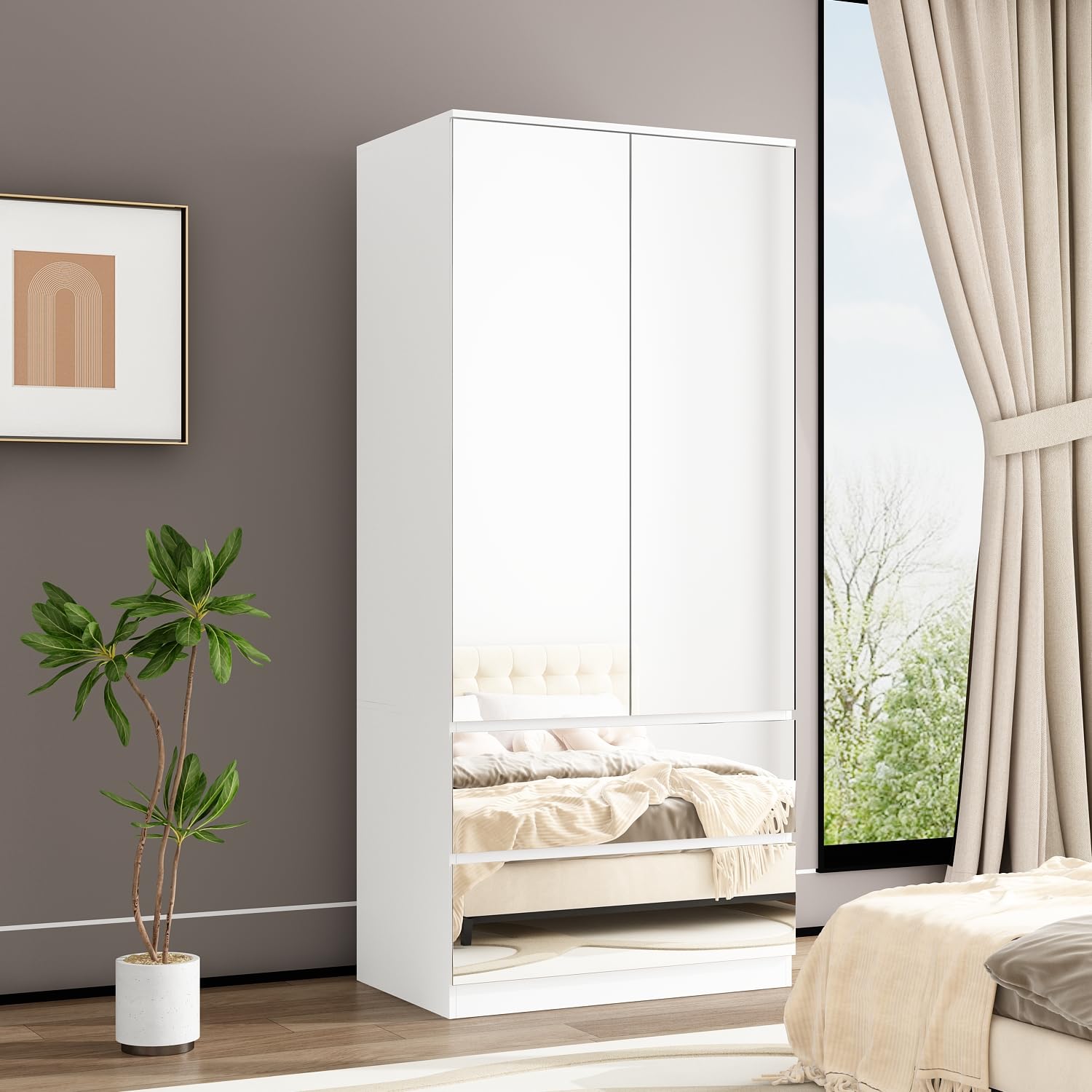 Wardrobe with Mirror Doors and 2 Drawers