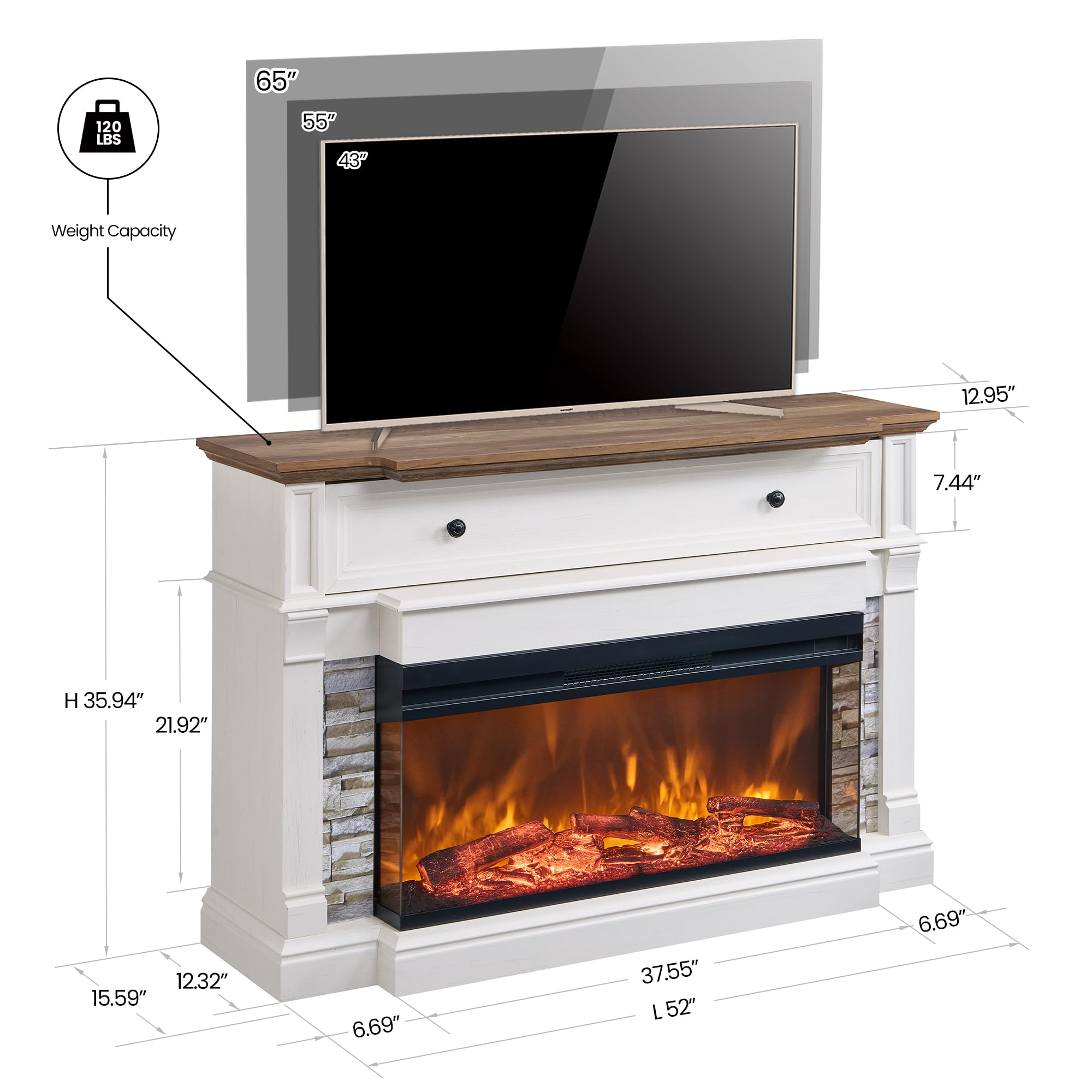 52" Electric Fireplace TV Stand with 36" 3-Side Glass Insert