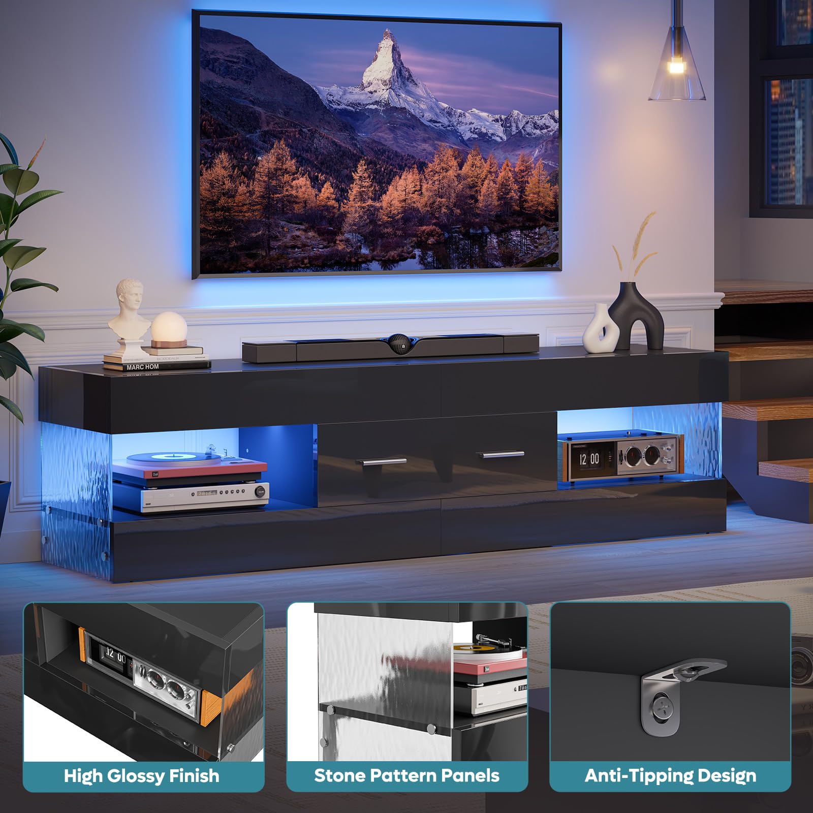 Black TV Stand for 55-65 Inch TV with LED Lights