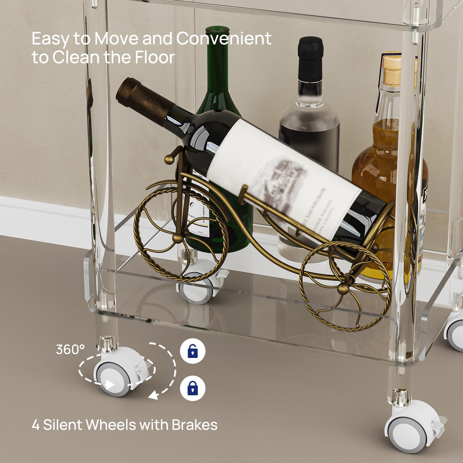 3-Tier Acrylic Bar Cart with Lockable Wheels