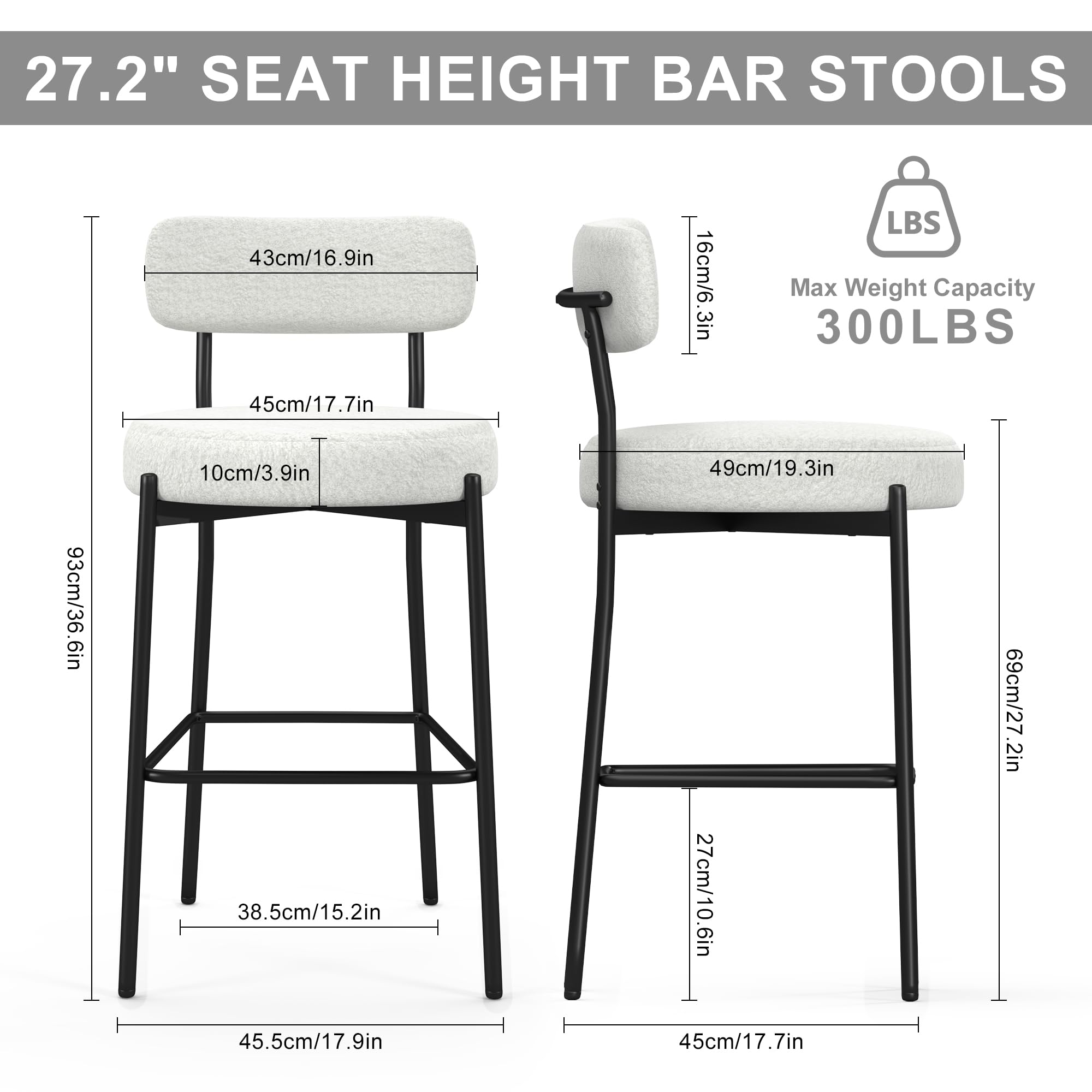 Bar Stools Set of 6, 27" White Boucle Counter Height with Back and Metal Legs
