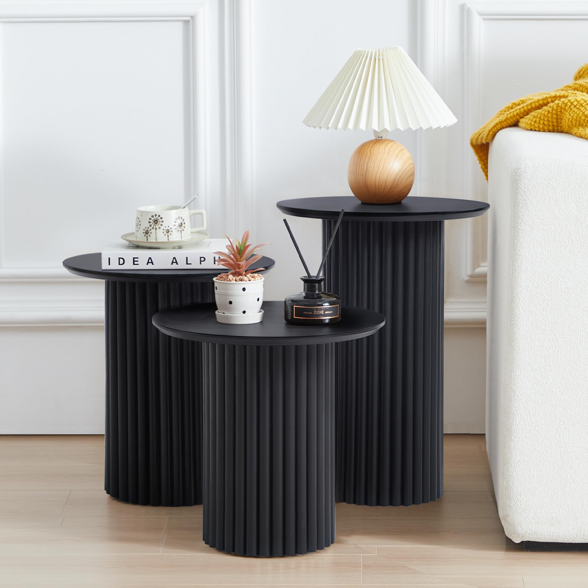 Round Nesting Coffee Table Set of 3 - Mid Century Modern Fluted Design