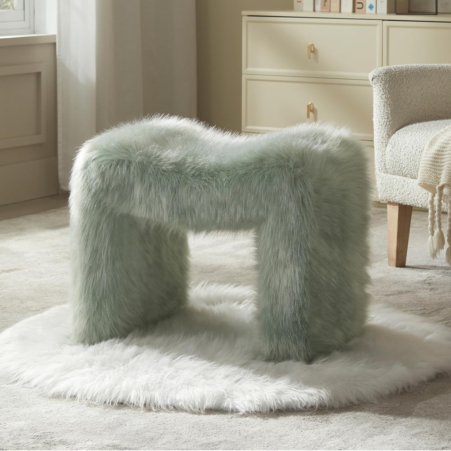 Small Footstool Ottoman Vanity Stool Set White Teddy Velvet 2-in-1