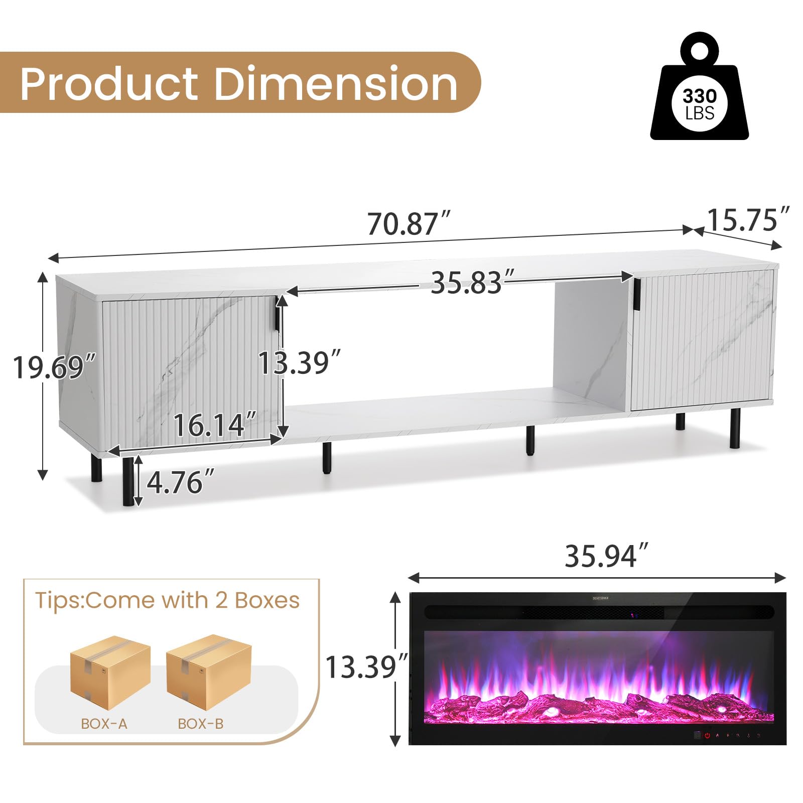 70" Fluted Fireplace TV Stand with Electric Fireplace