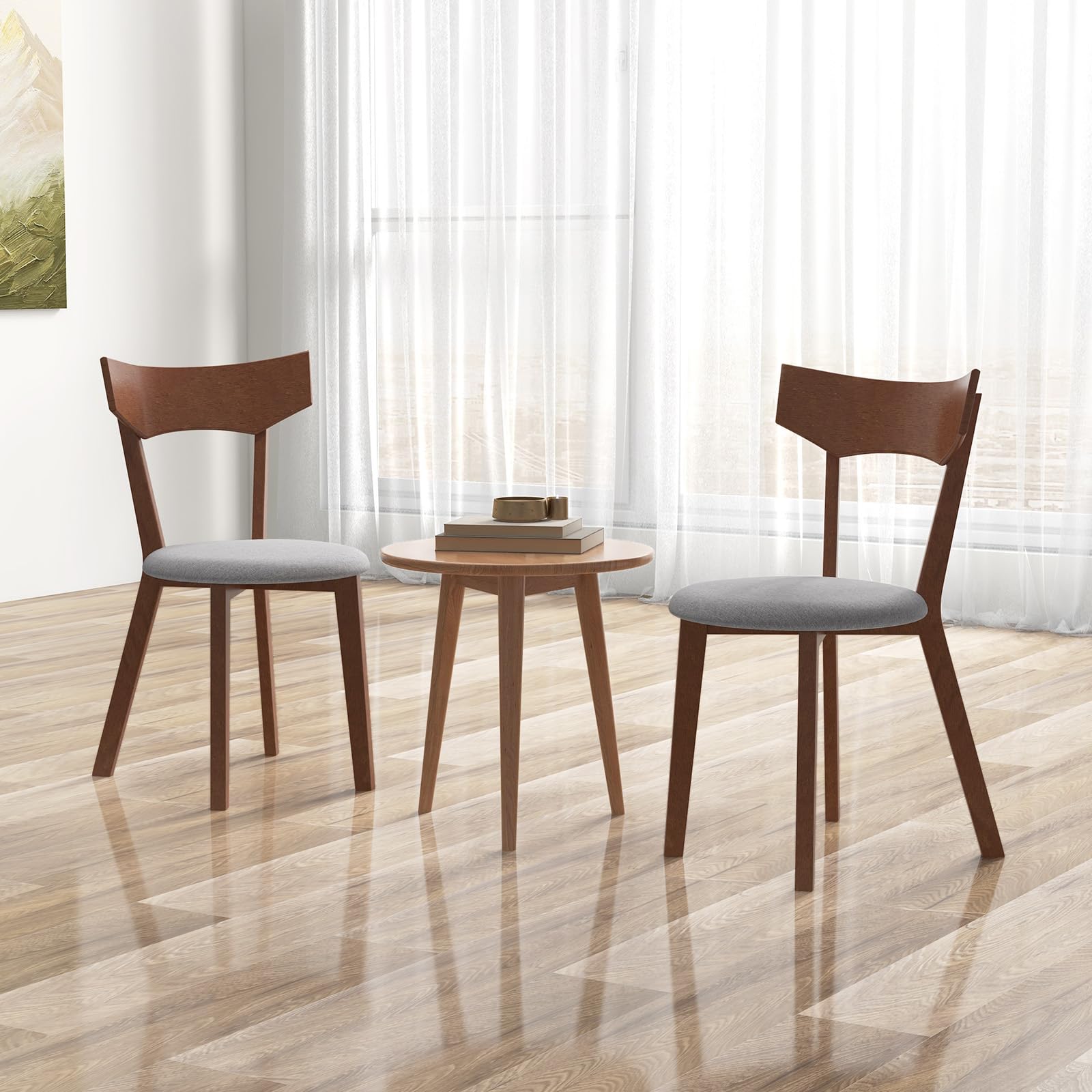Wooden Dining Chairs Set of 2 with Curved Back and Cushioned Seat