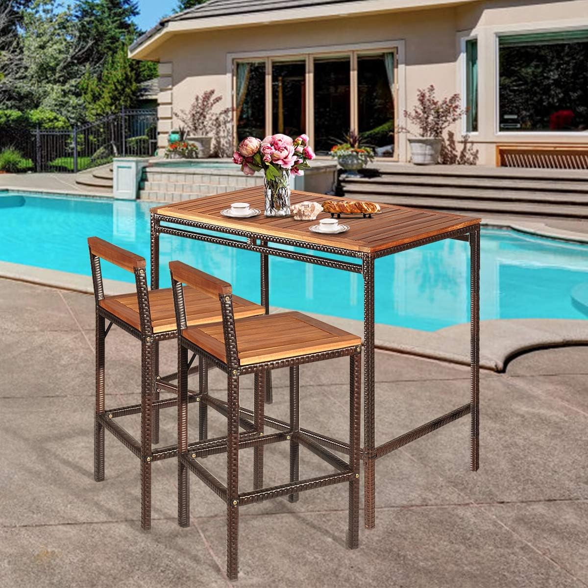 3-Piece Outdoor Rattan Bar Set with Acacia Wood