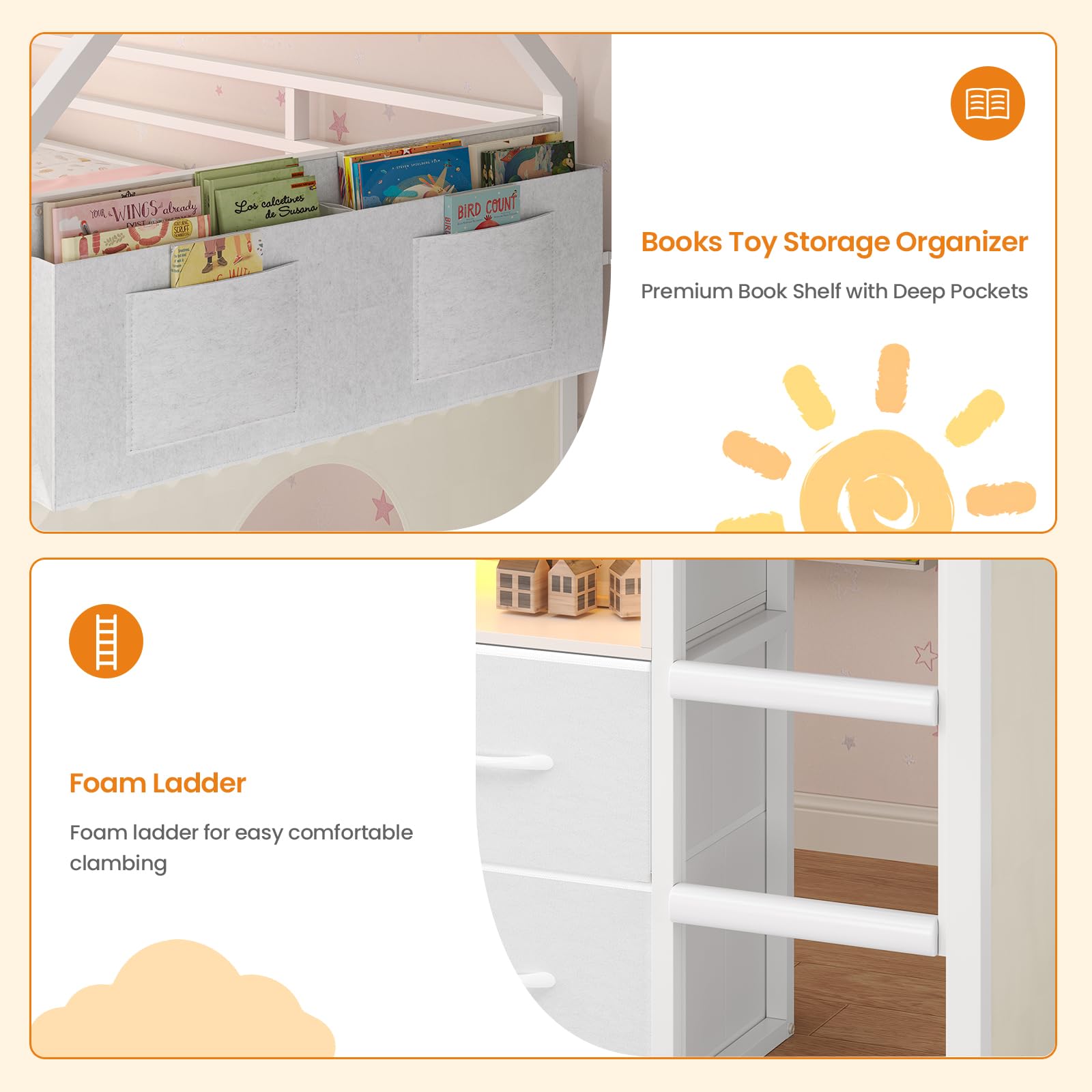 BTHFST Twin Size Loft Bed for Kids, 8 Storage Drawers & LED Lights, House Shaped Metal Bed with Bookcase, Soft Foam Ladder, 13.4" Safety Guardrail, Space Saving, Fun Curtain