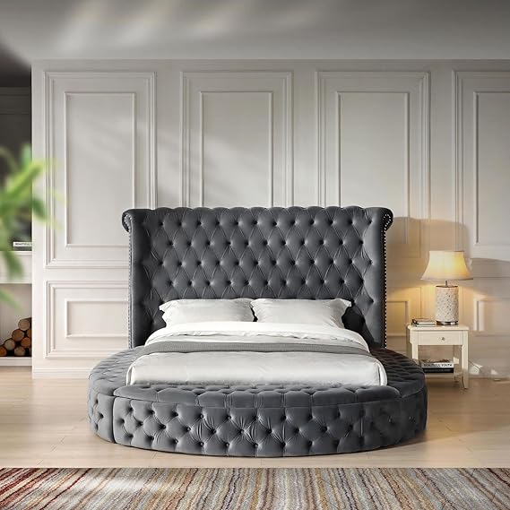 Upholstered Round Storage Bed Grey Velvet Queen
