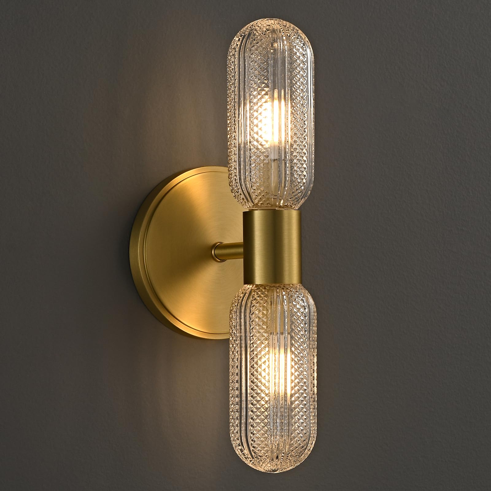 Brushed Brass Wall Sconces with Knurled Glass Shades