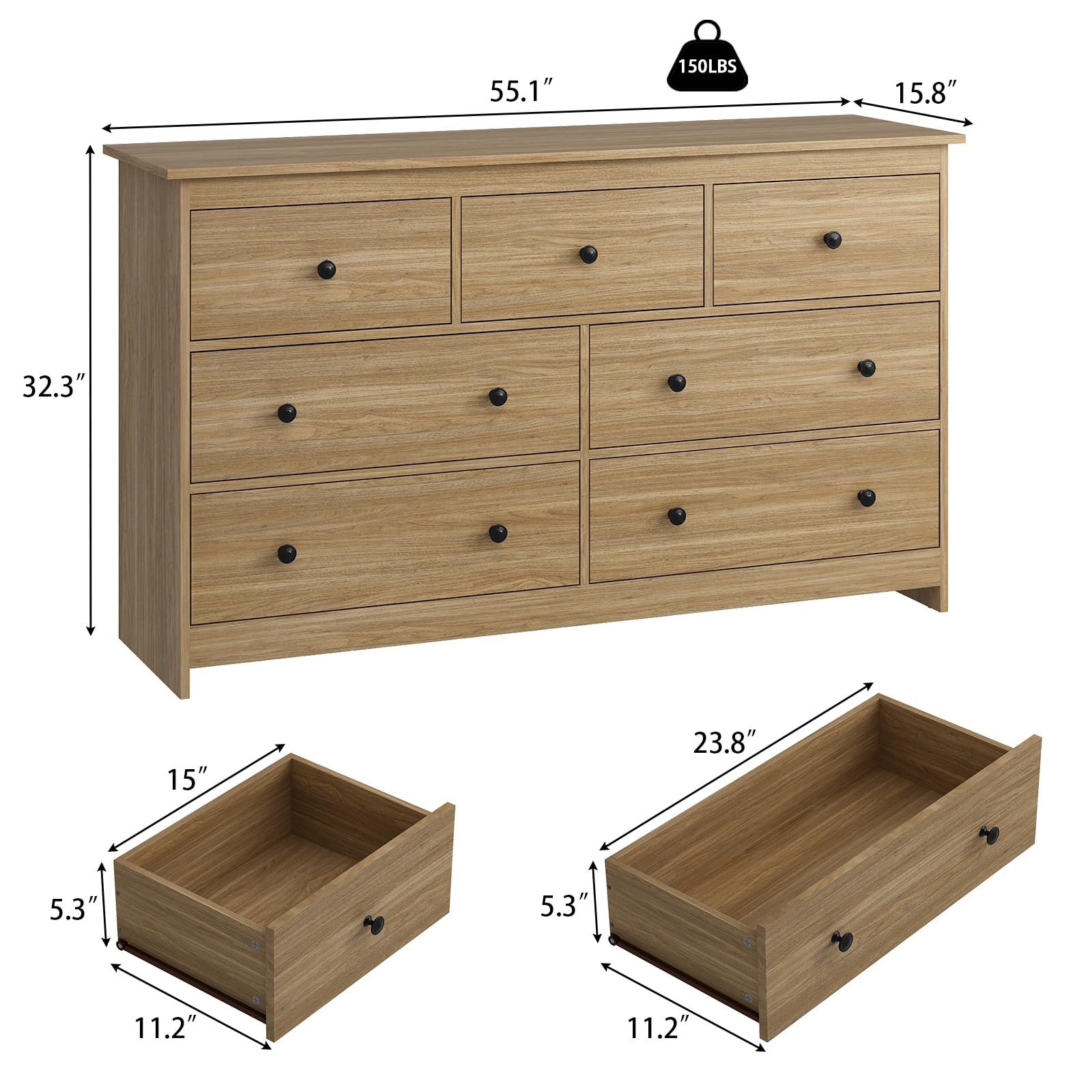 7 Drawer Dresser 55 Inch Wide Natural Wood Chest