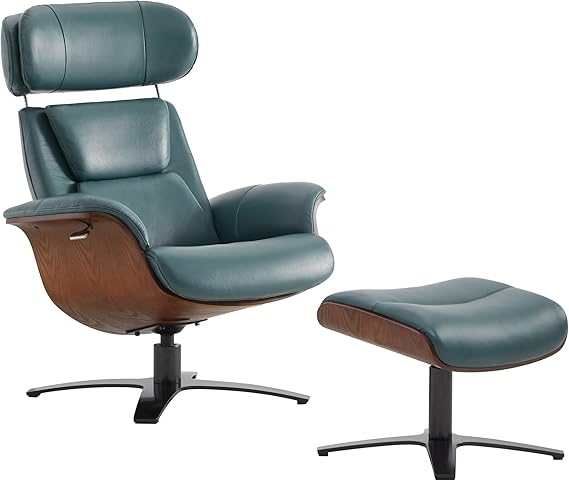 Genuine Leather Reclining Swivel Chair with Adjustable Headrest and Ottoman