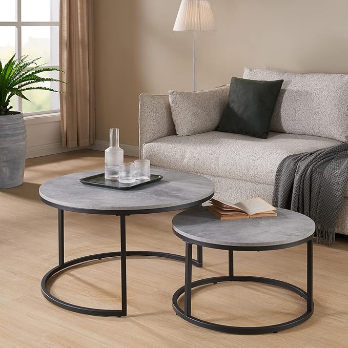 Round Nesting Coffee Table Set of 2 - Grey Wash Oak Wood & Metal Frame