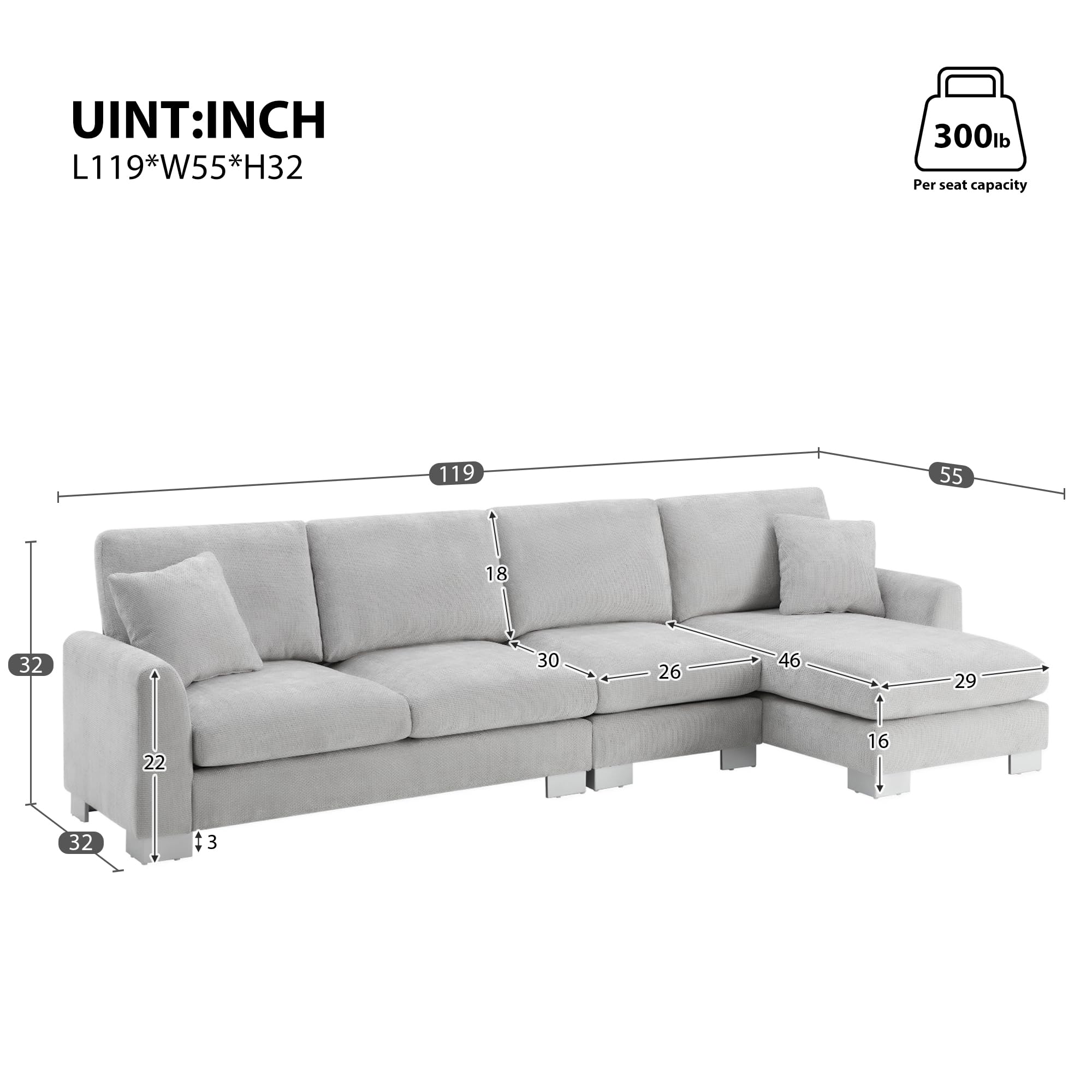 119" Oversized Chenille Sectional Sofa with Chaise