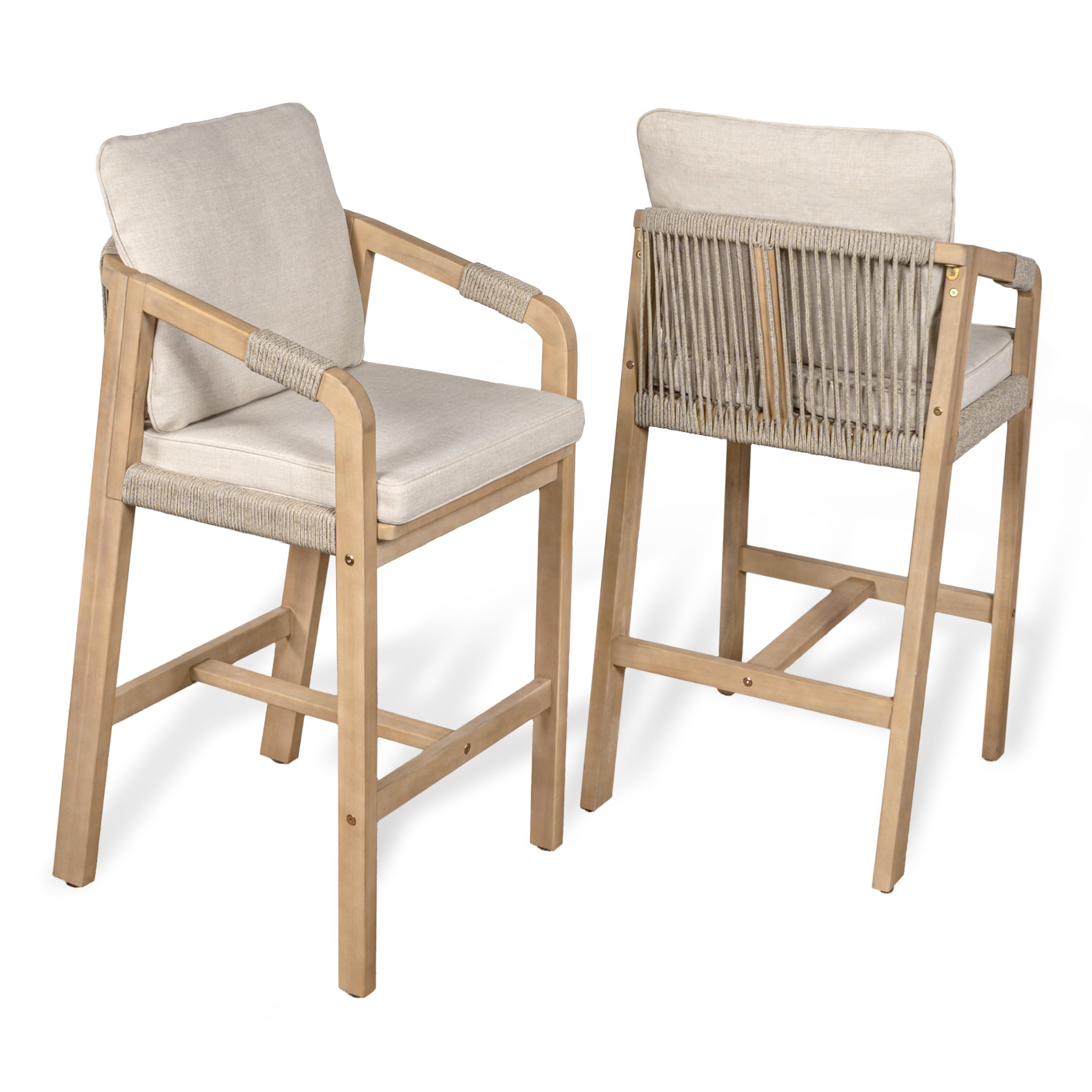 Porto Roped Acacia Wood Outdoor Bar Stool with Cushions - Set of 2