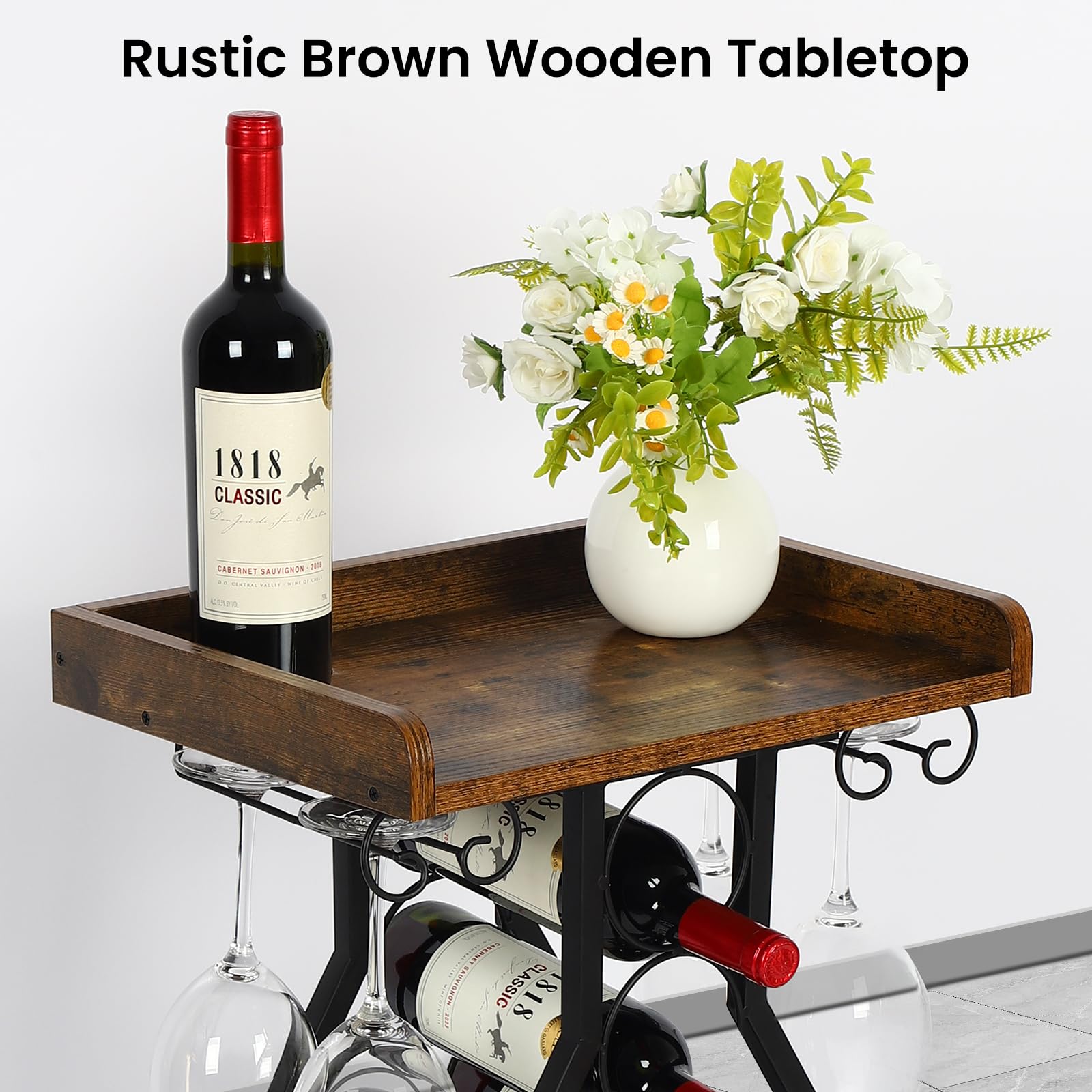 19-Bottle Wine Rack with Glass Holder and Wood Tabletop