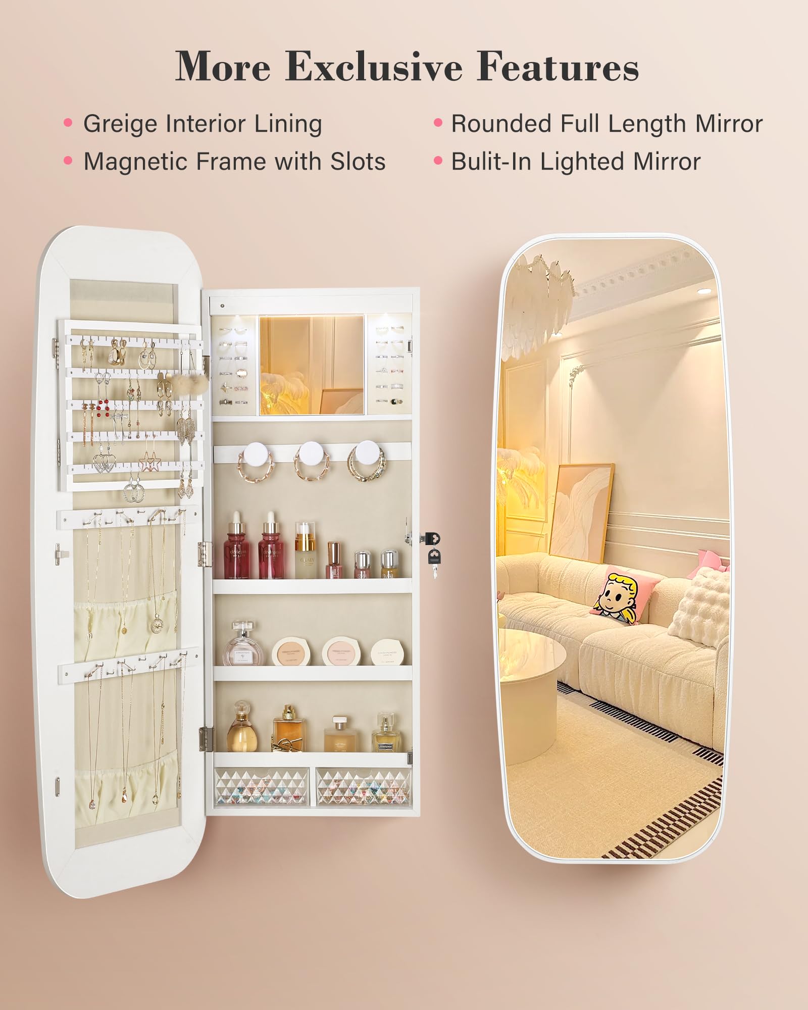 LED Mirror Jewelry Cabinet with Wall Mount and Storage Drawers