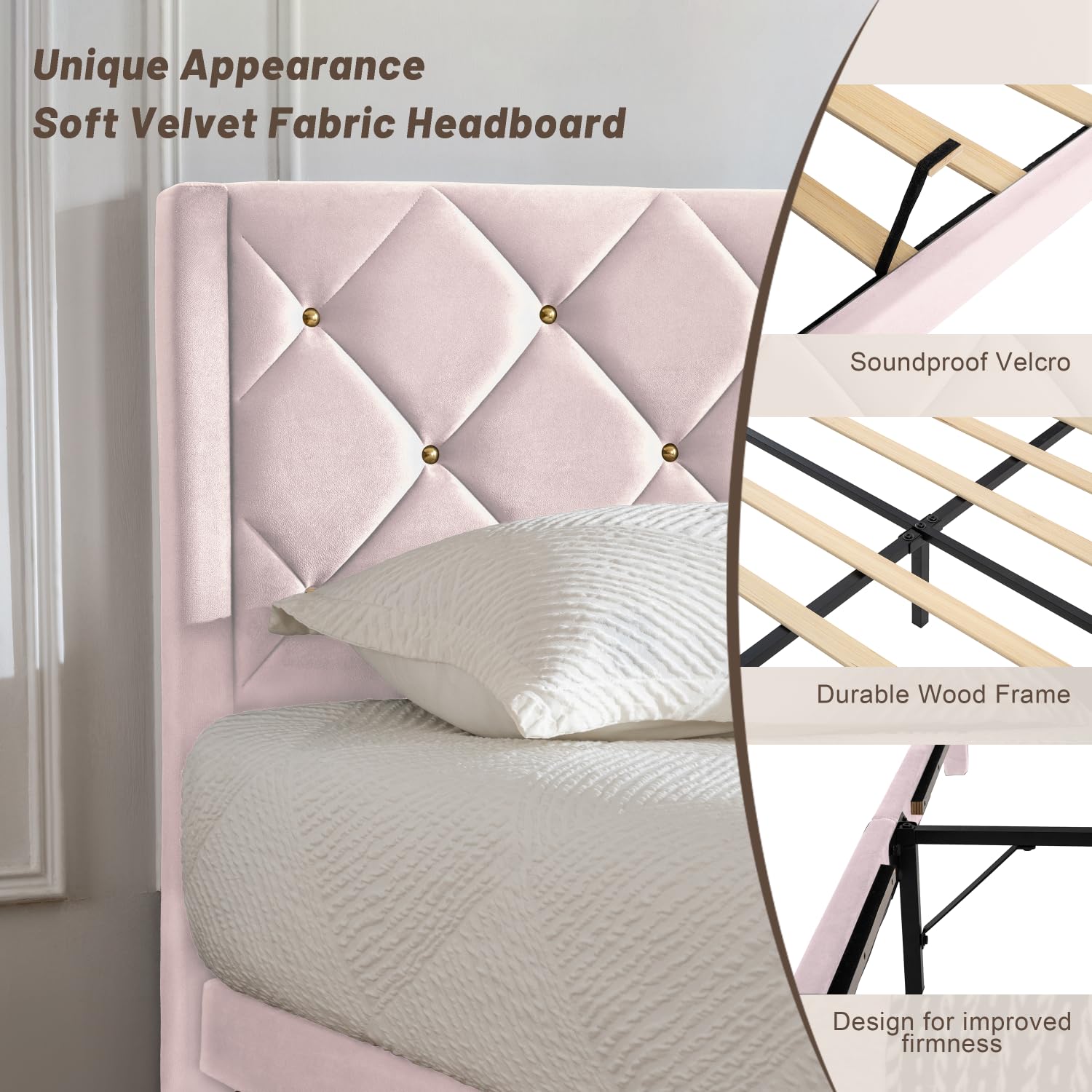 Queen Platform Bed Frame with Velvet Upholstered Headboard