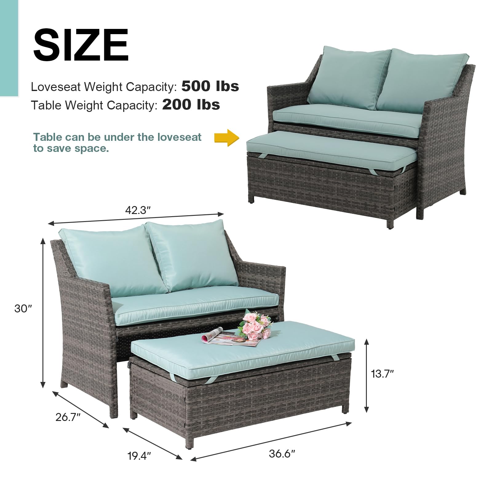 2-Piece Outdoor Wicker Loveseat and Coffee Table Set with Storage