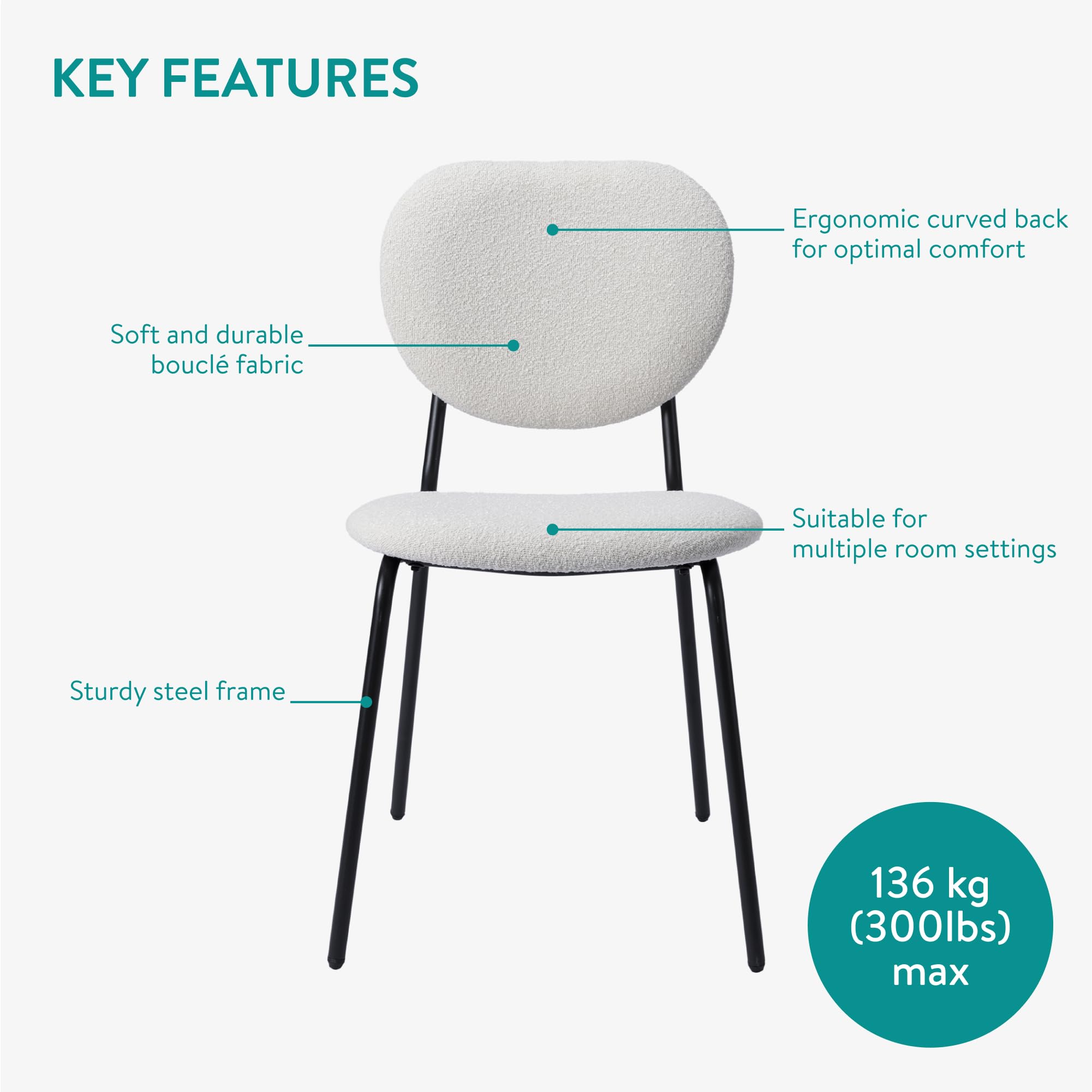 Boucle Dining Chairs Set of 2 - Modern Upholstered with Metal Legs