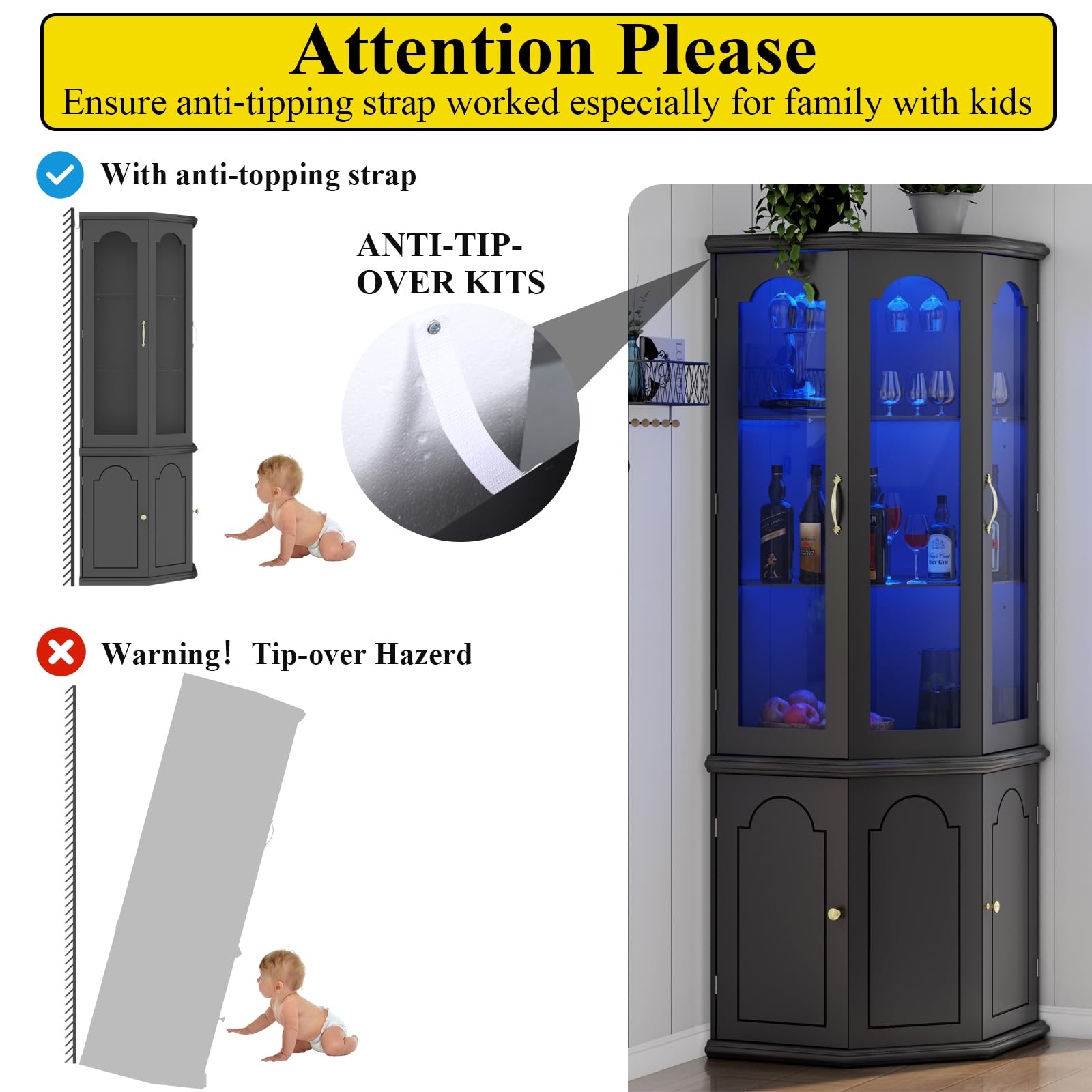 Corner Bar Cabinet with LED Lights and Tempered Glass Door
