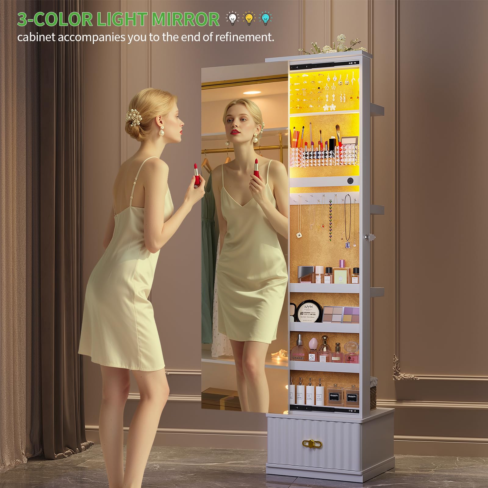 Full Length Mirror Jewelry Cabinet with LED Lights and Storage