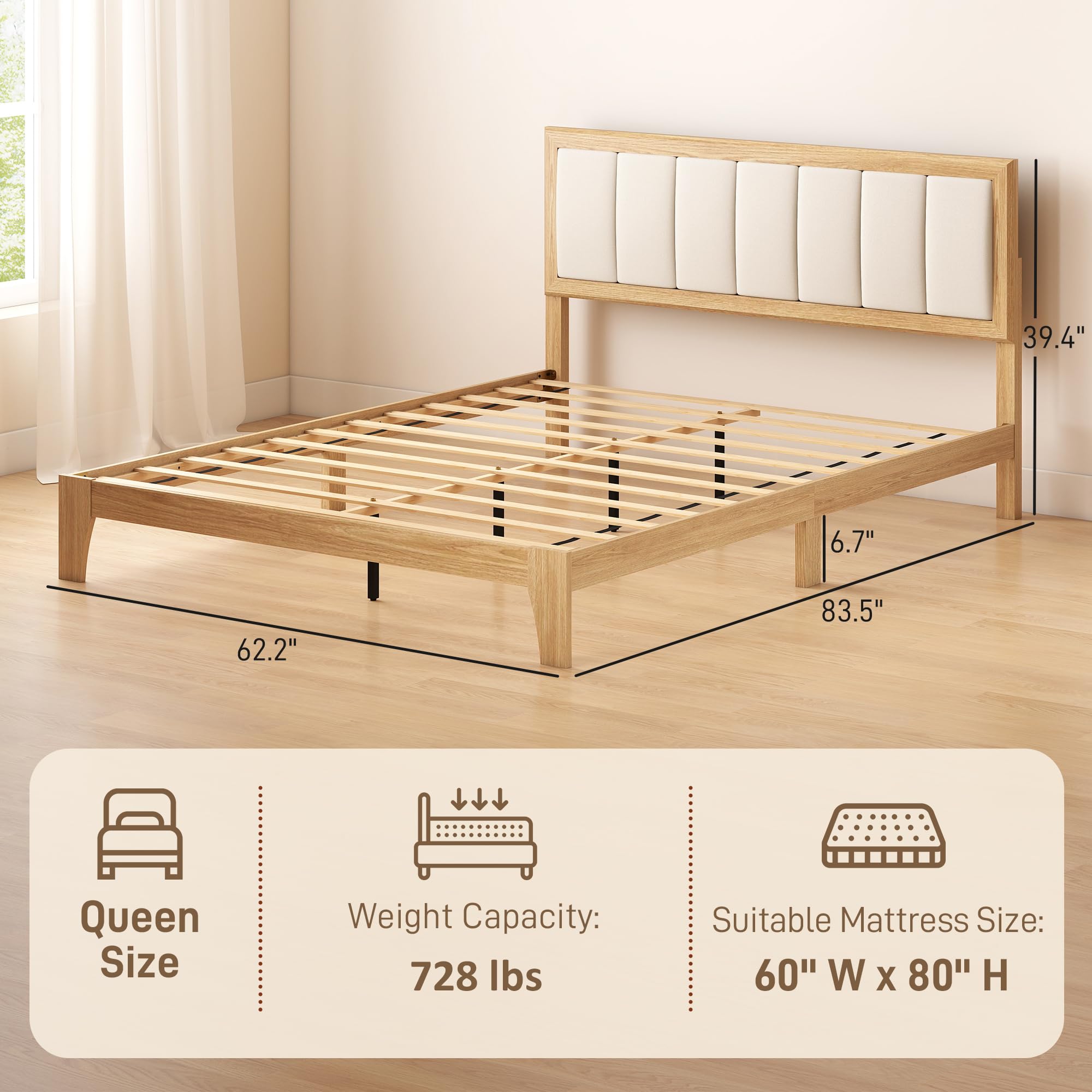 Queen Size Platform Bed Frame with Upholstered Headboard