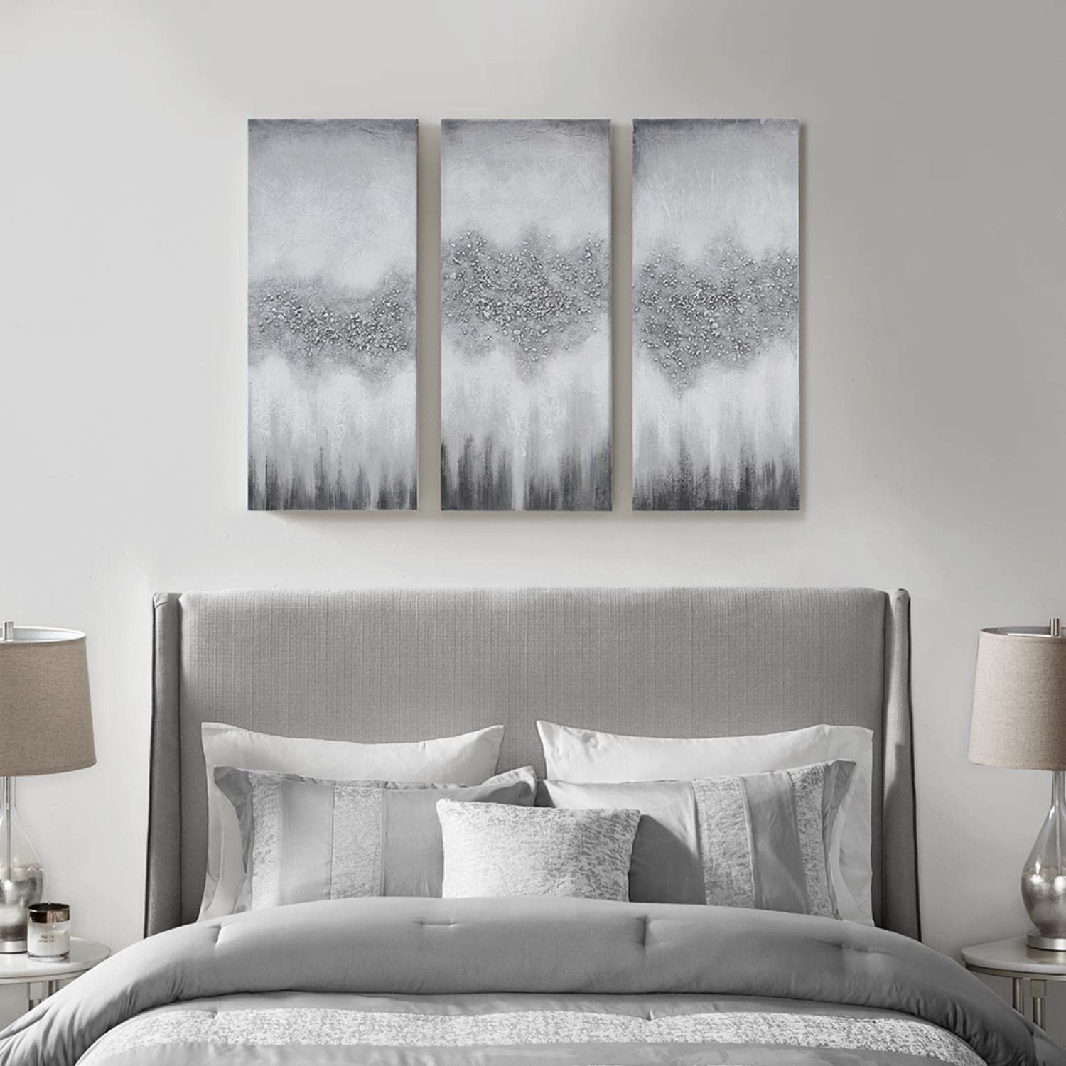 Hand Painted Canvas Wall Art - Abstract Grey Glitter 3 Piece Set