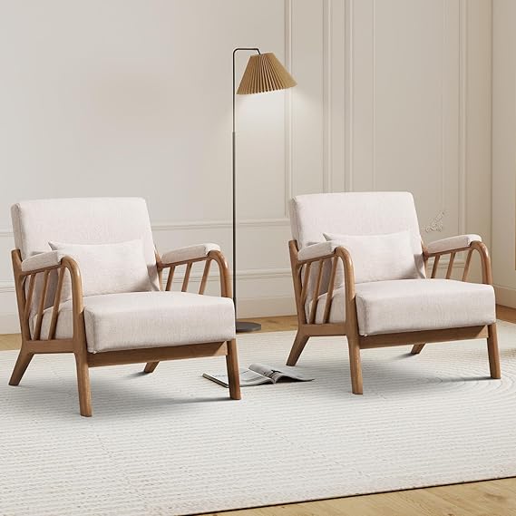 IOMOR Mid Century Modern Accent Chair with Solid Wood Frame, Upholstered Living Room Chairs with Lumbar Cushion Padded Arms, Reading Armchair for Bedroom (1, Olive Green)