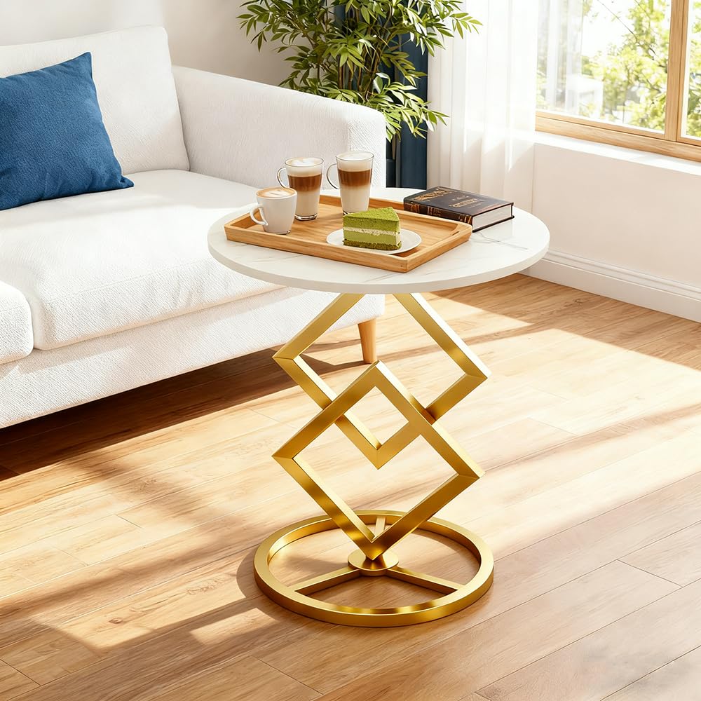 Round Marble Side Table with Metal Base
