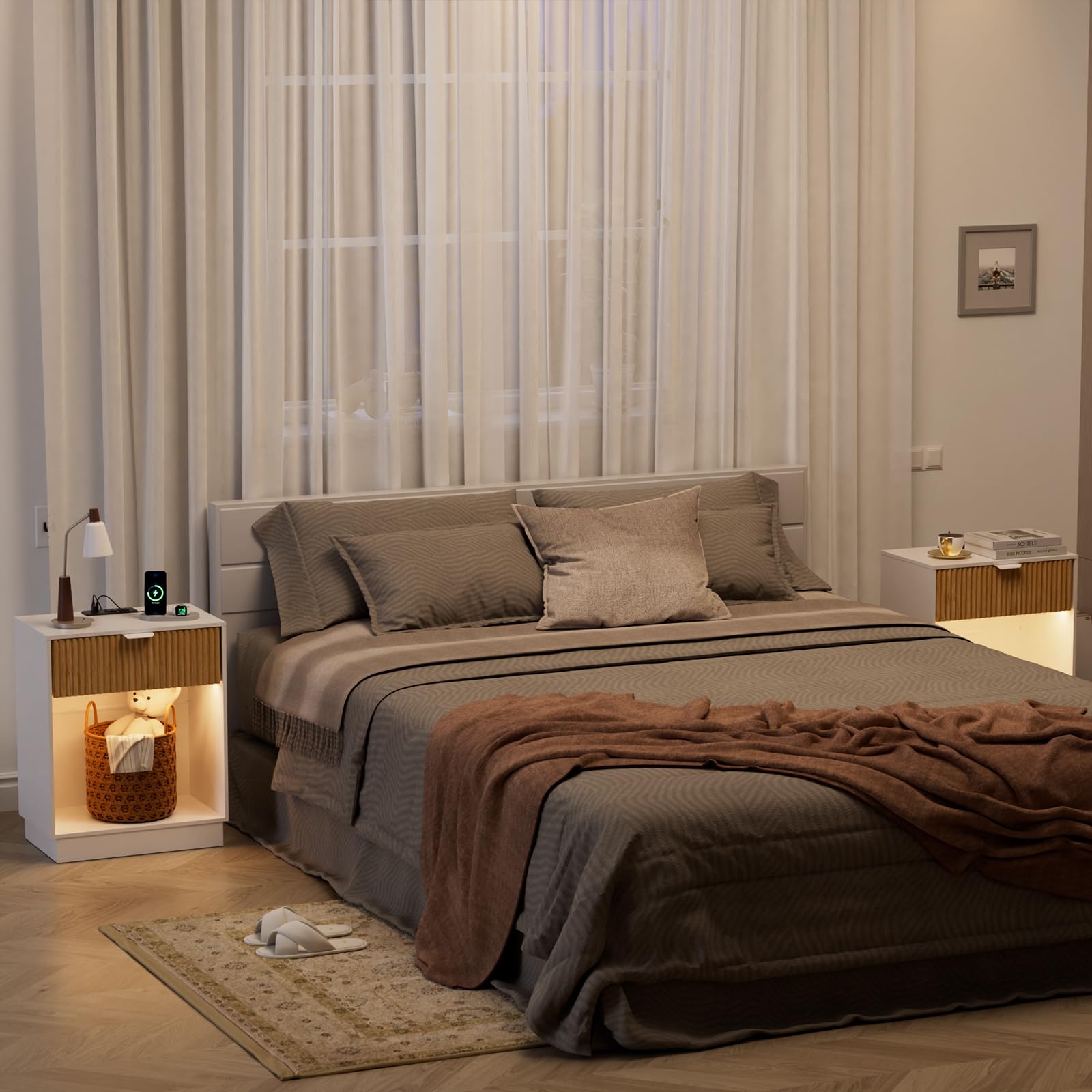 Fluted Nightstands Set of 2 with Charging Station and LED Lights